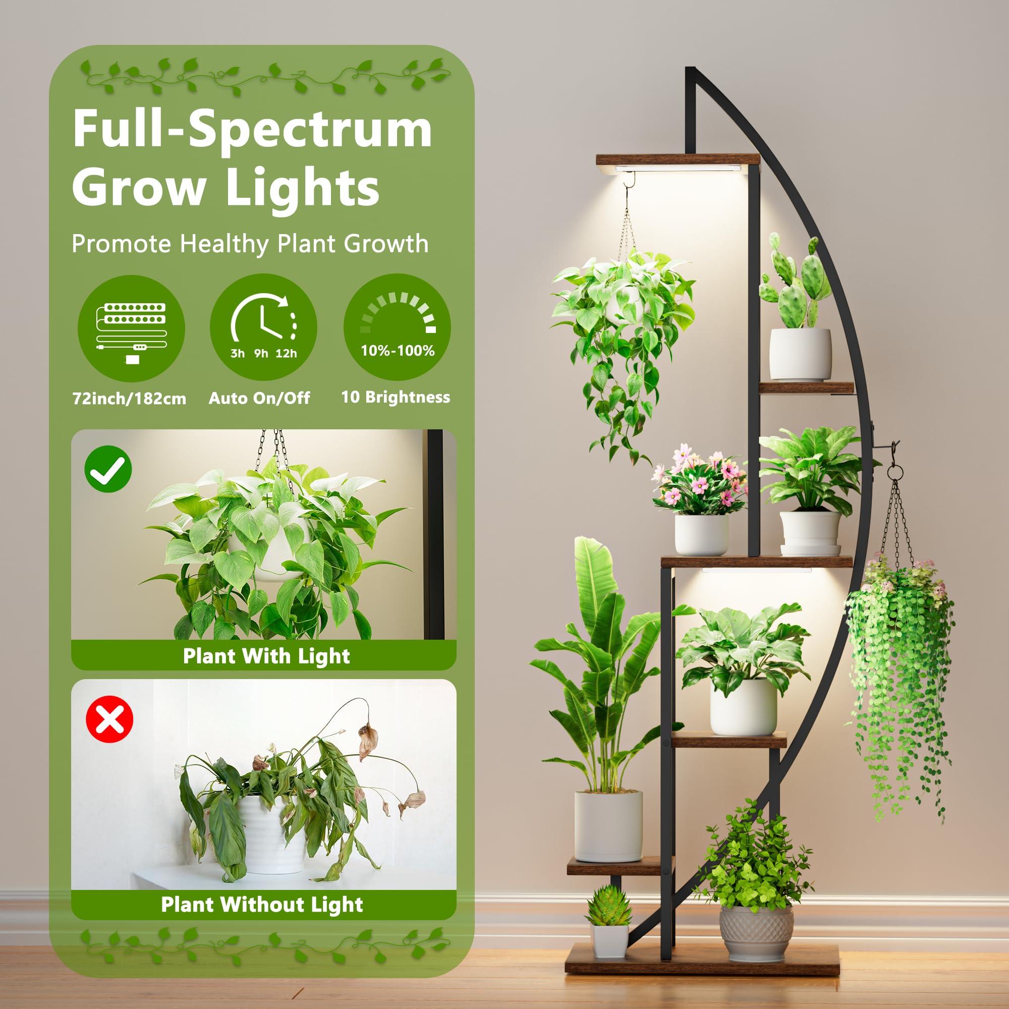 BACEKOLL Plant Stand Indoor with Grow Lights, 6 Tiered Tall Plant Shelf, 63" Metal Plant Stand for Indoor Plants Multiple, Half-Moon Plant Rack Display Shelf, 2 Pcs Plant Holder for Living Room, Patio - Image 5