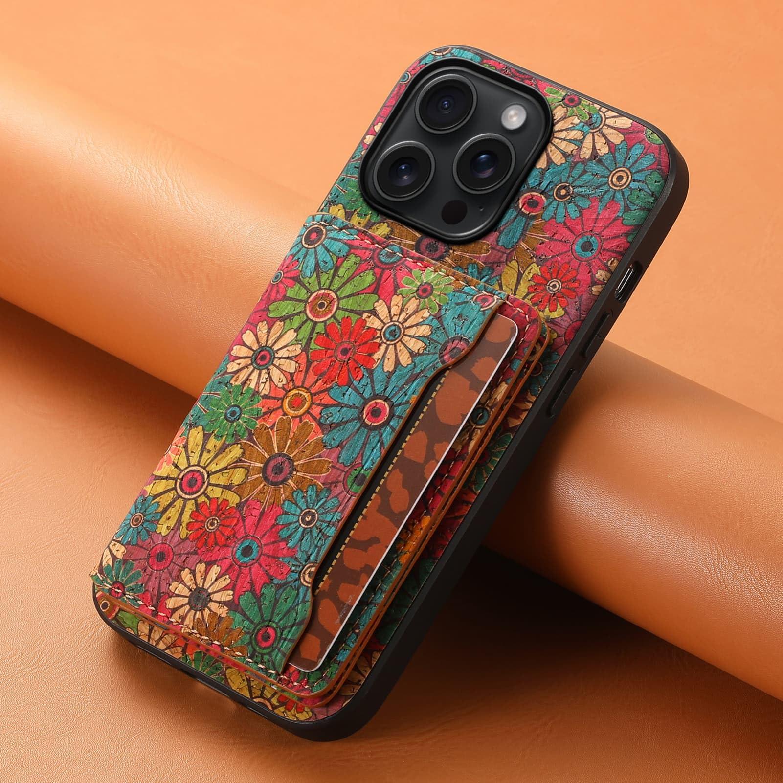 GuluGuru for iPhone 16ProMax Cork Wood Phone Case, Retro Floral Colorful Flower Printing Magnetic Folio Flip ID/Credit Card Holder Slot Back Cover Bag, Kickstand Support - Image 2