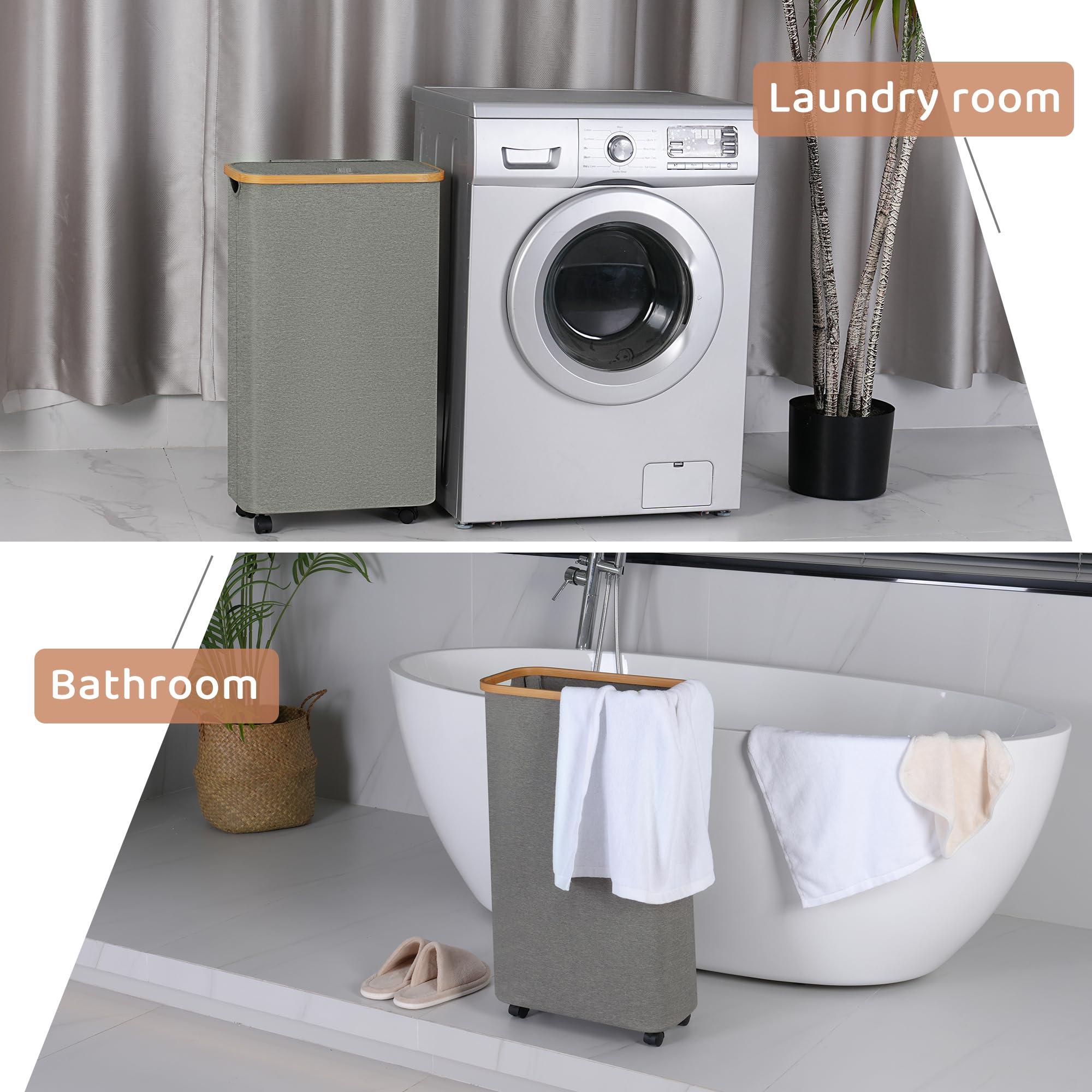 Merkisa Slim Laundry Basket with Wheels,Narrow Hampers for Laundry, Laundry Hamper with Lid&Bamboo Handles,Collapsible Waterproof Tall Cloth Hamper for Dorm Family(60L Grey) - Image 7