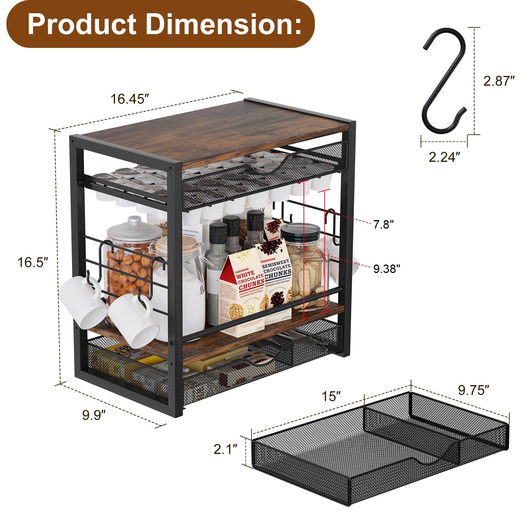 TQVAI Coffee Bar Station Organizer for Countertop, 70 Capsule K Cup Holder with Mugs Hooks, Pull Out Coffee Pod Organizer for Syrup Pack, Tea Bag, Bean, Black - Image 3