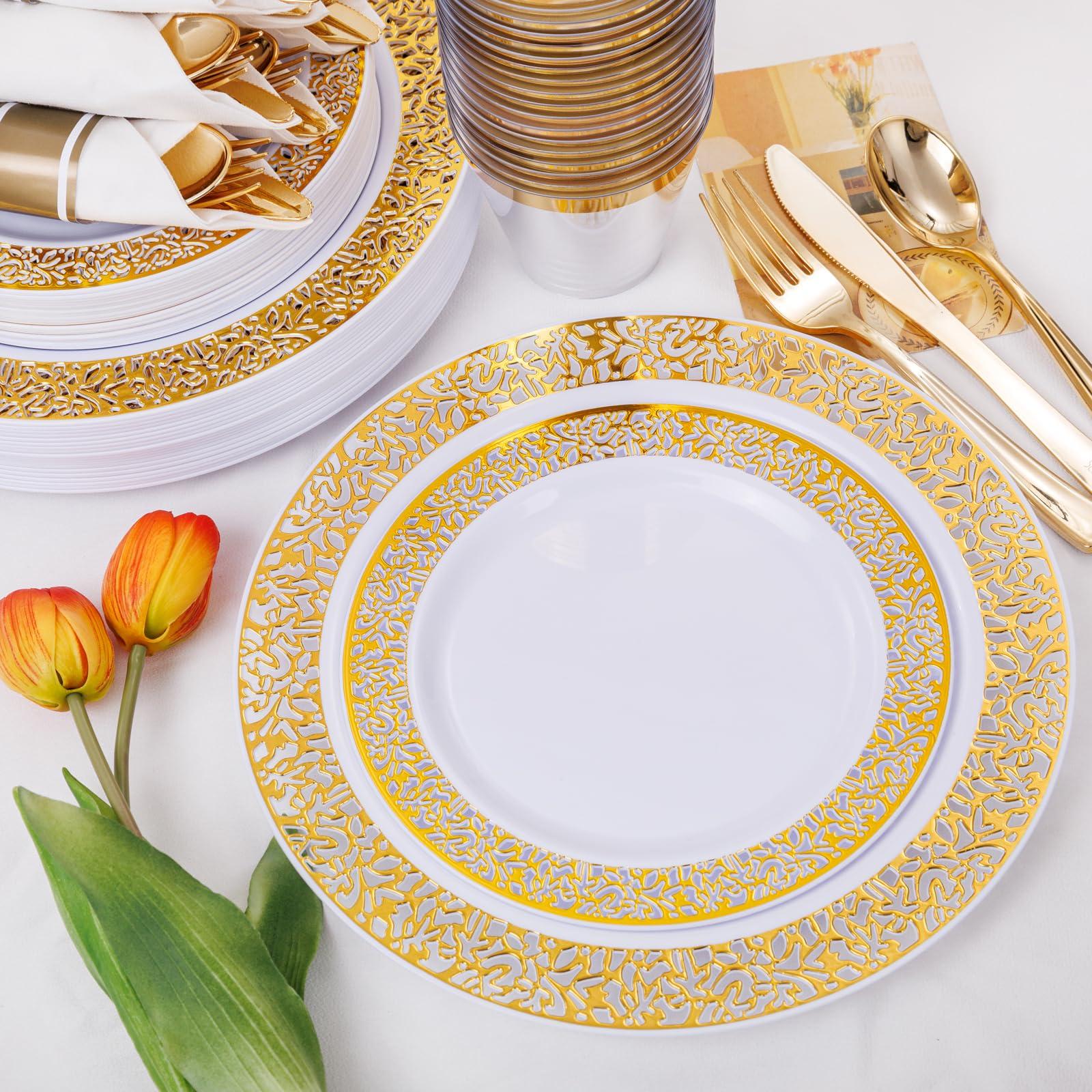 WELLIFE 175Pcs Gold Dinnerware Sets, Include:25 Dinner Plates, 25 Dessert Plates, 25 Paper Napkins, 25 Cups, 25 Plastic Cutlery Set - Image 6
