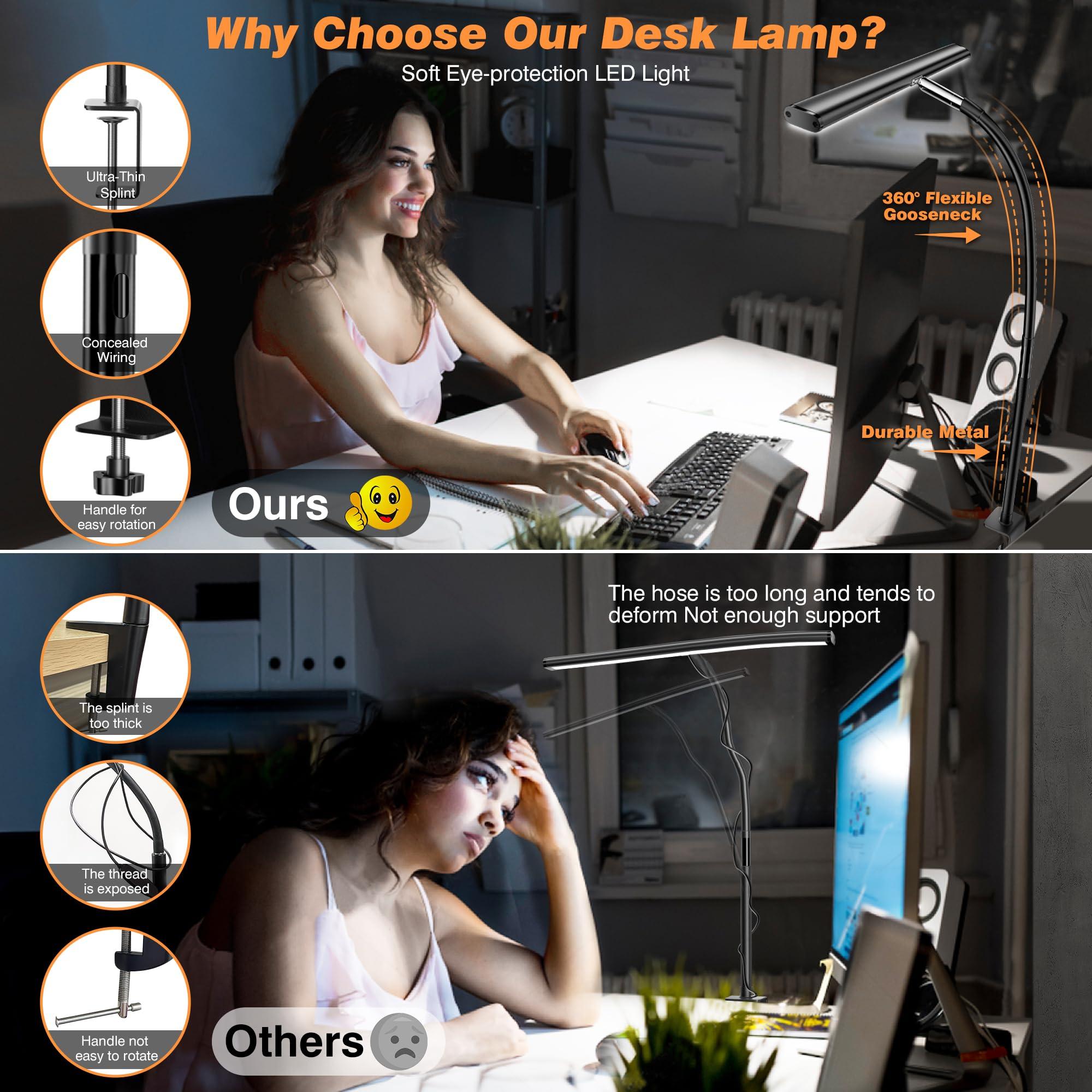 Airlonv LED Desk Lamp for Office Home, Eye-Caring Desk Light with Stepless Dimming Adjustable Flexible Gooseneck, 10W USB Adapter Desk Lamp with Clamp for Reading, Study, Workbench (Black) - Image 4