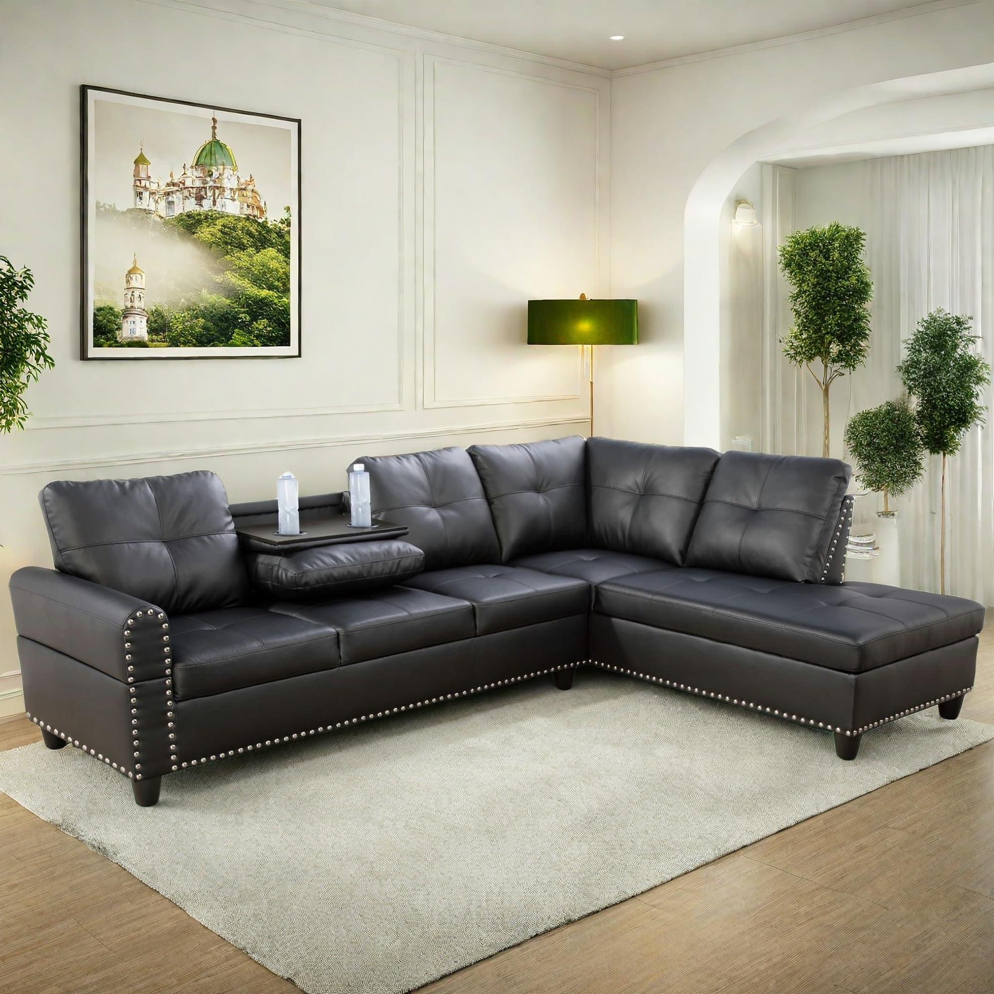 FONTOI Leather Sectional Couch Sofa, Modern Nail-Head Design L Shaped Sectional Sofa for Living Room, 4 Seat L Couch with Cup Holder for Bedroom, Black ZA