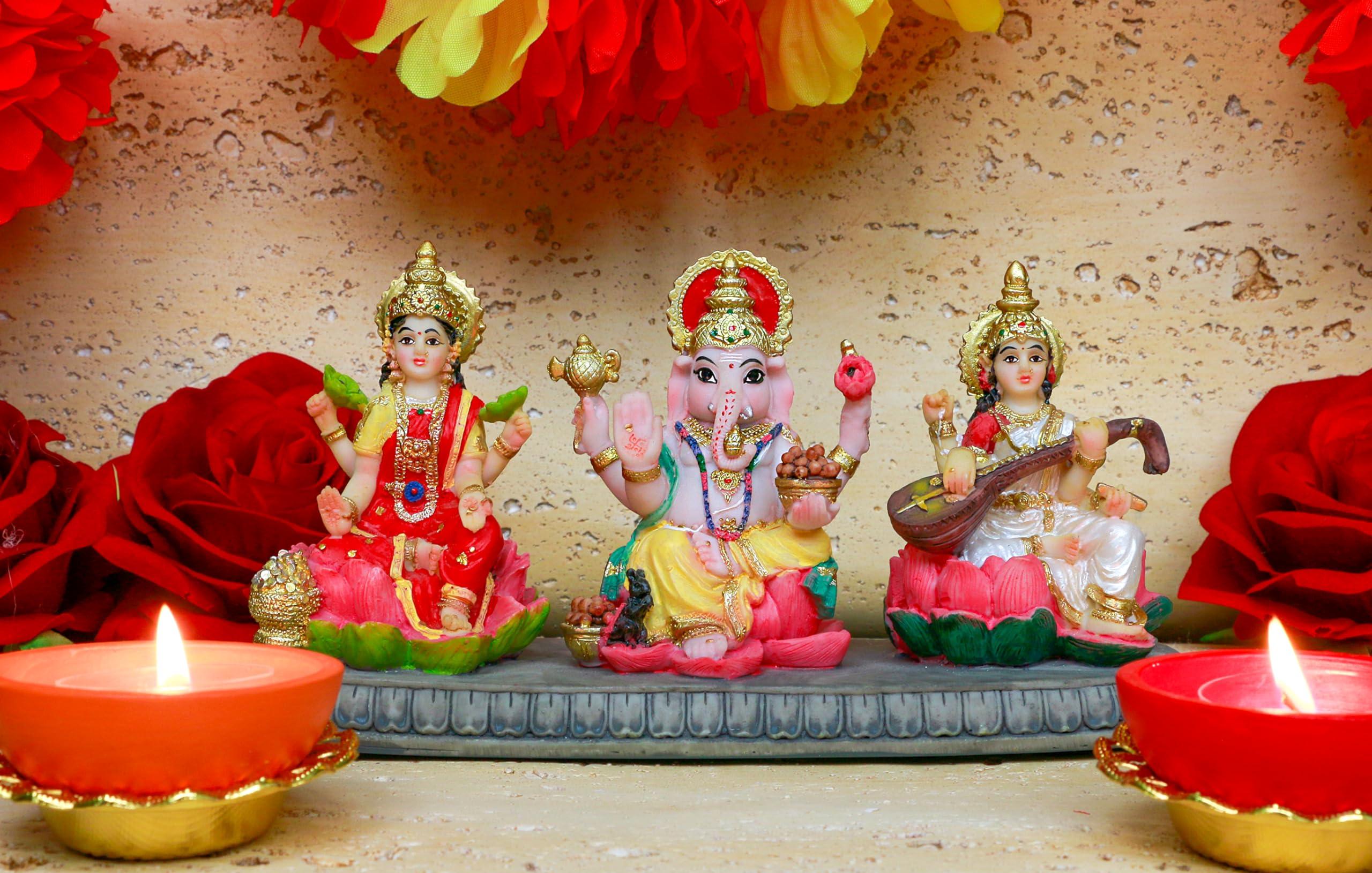 BangBangDa Hindu Ganesh Lakshmi Saraswati Statue - 3.9”H Indian God Lakshmi Ganesha Saraswati Idol Figurine Hindu Diwali Gifts Diwali Decoration Home Office Mandir Temple Pooja Item - Image 7