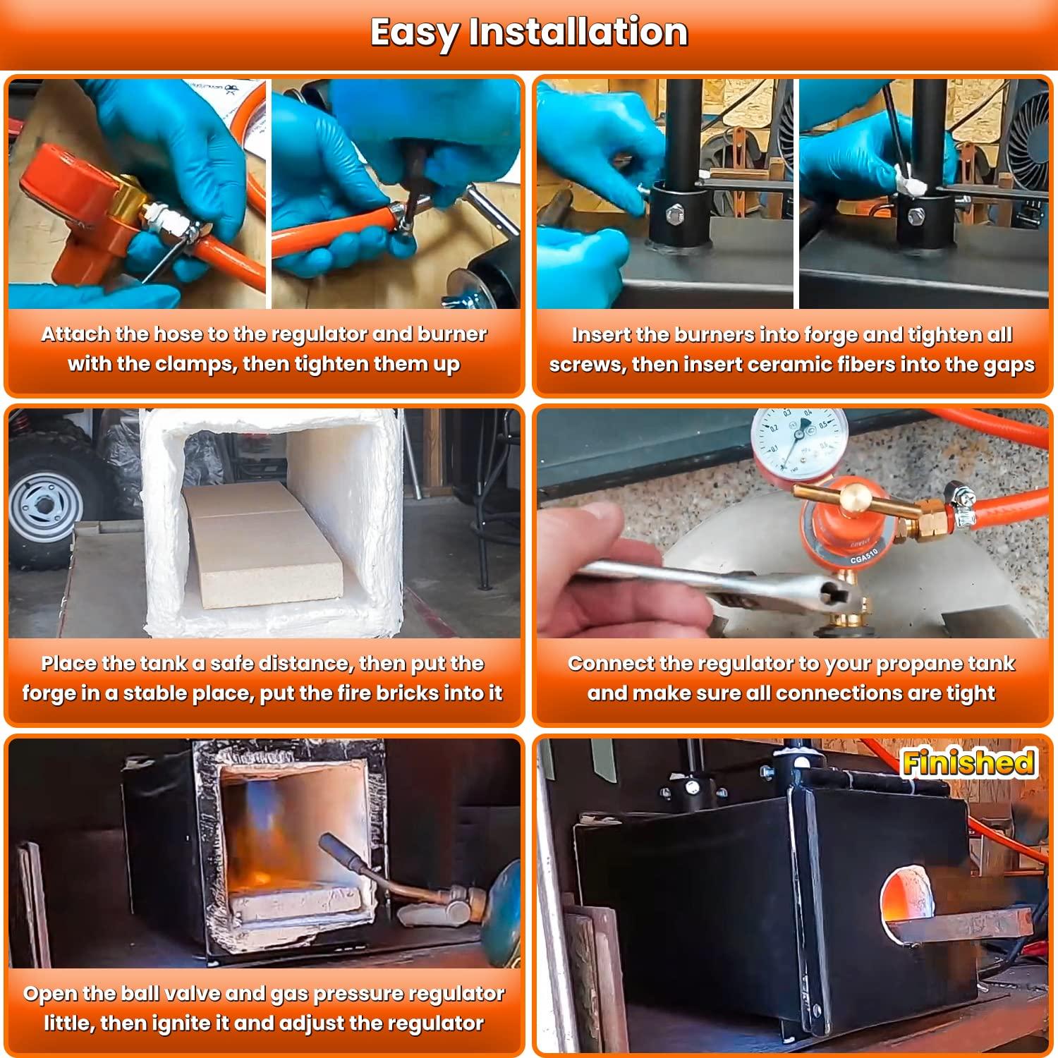 Triple Burners Portable Propane Gas Forge Three Burners 2700°F/1482℃ Large Capacity Square Forging Furnace for Blacksmithing Farrier Knife Tool Making Equipment with Tong & Gloves 2-Doors - Image 6