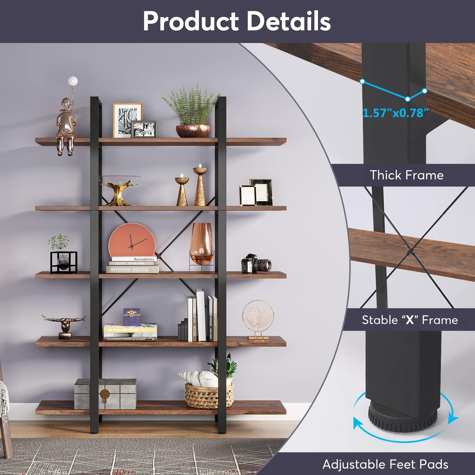 Tribesigns 5-Tier Bookshelf, Vintage Industrial Style Bookcase 72 H x 12 W x 47L Inches - Image 8