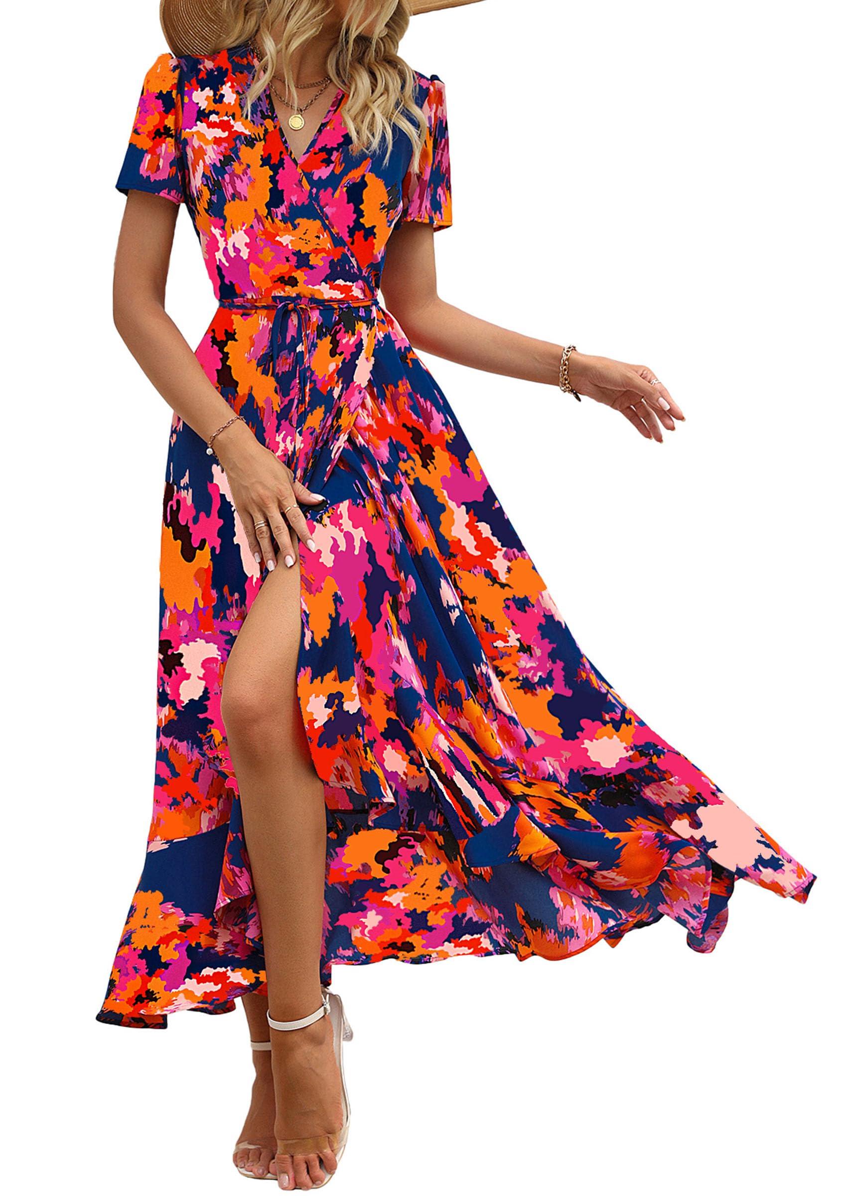 PRETTYGARDEN Women's Summer Maxi Dress Casual Wrap Floral Boho Short Sleeve V Neck Split Ruffle Beach Long Dresses