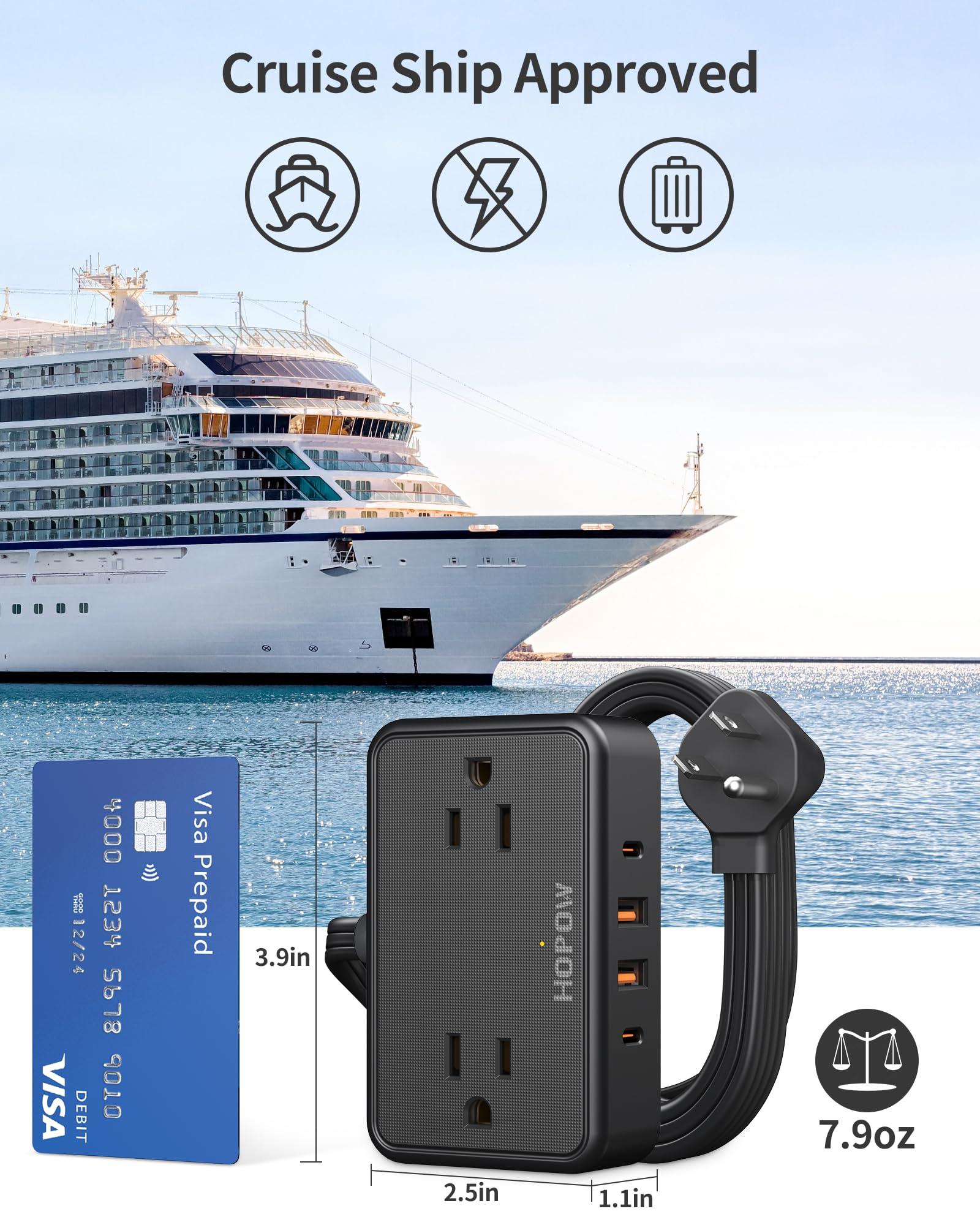 HOPOW Flat Plug Extension Cord, 6 Ft Ultra Thin Power Strip, 4 AC Wide Spaced outlets and 4 USB (2 USB-C) Ports, No Surge Protector for Cruise Ship, Travel, Dorm Room Essentials (Black) - Image 6