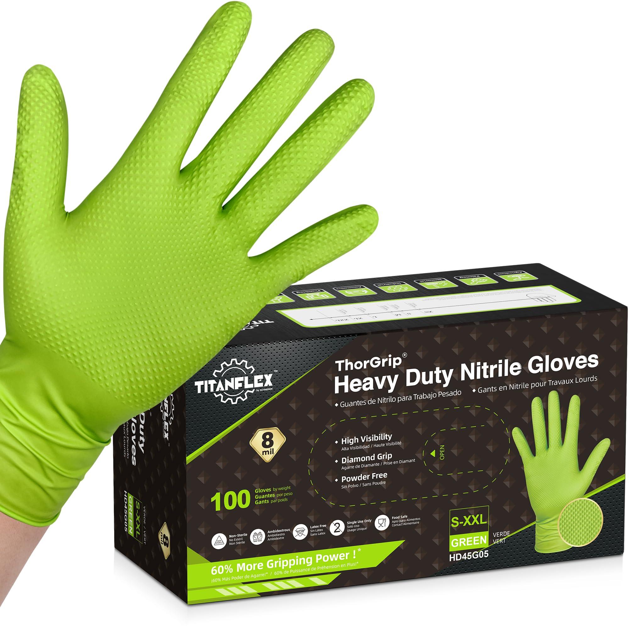 TitanFlex Thor Grip Heavy Duty Green Industrial Nitrile Gloves with Raised Diamond Texture, 8-mil, Latex Free, Powder Free