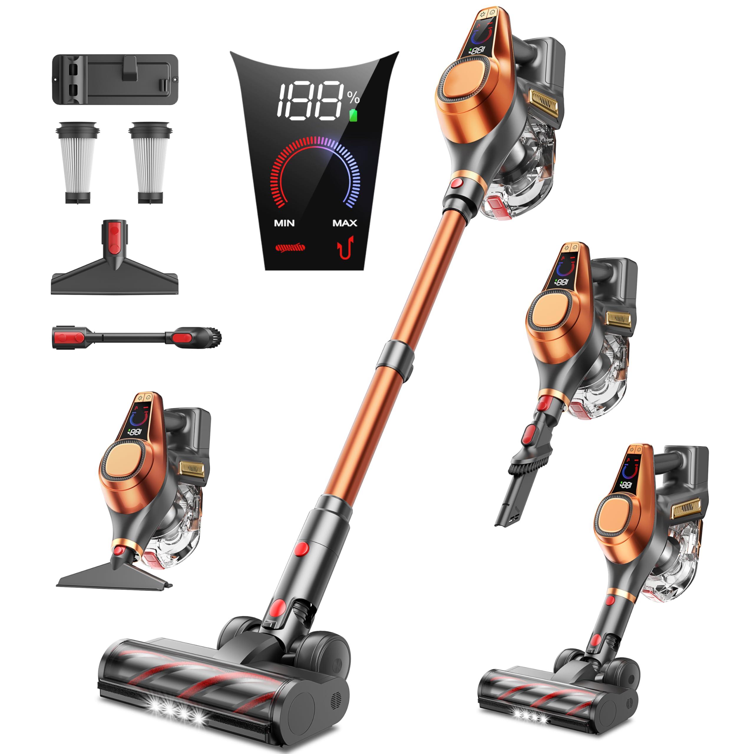 Fieety Cordless Vacuum Cleaner, 550W/45Kpa Vacuum Cleaners for Home with LED Screen, Max 60 Mins Runtime, Noise Reduction Tech, Anti-Tangle Stick Vacuum for Pet Hair Carpet and Hardfloor
