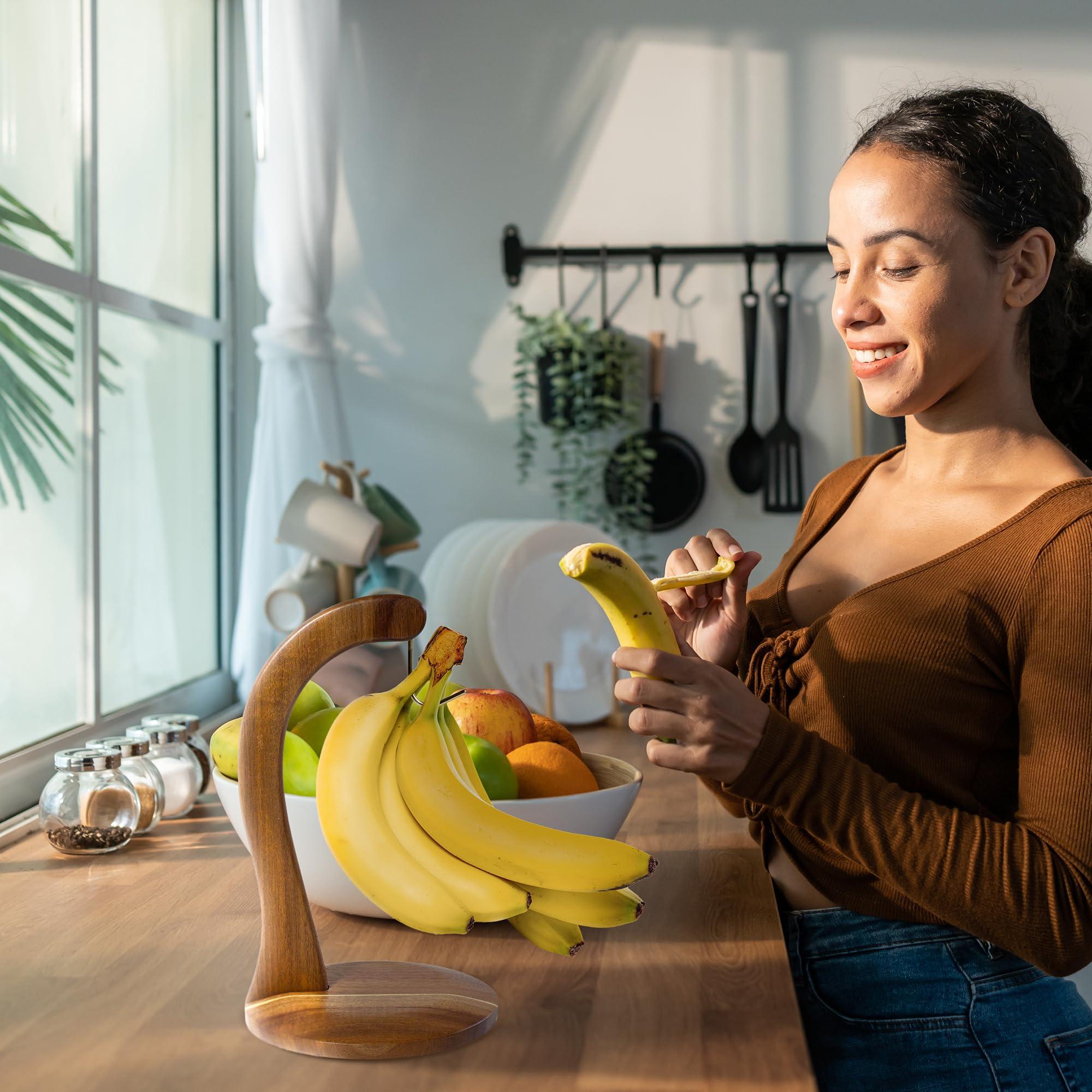 Totally Bamboo Rock & Branch Acacia Wood Banana Holder, Wooden Banana Hanger Stand with Metal Hook - Image 4