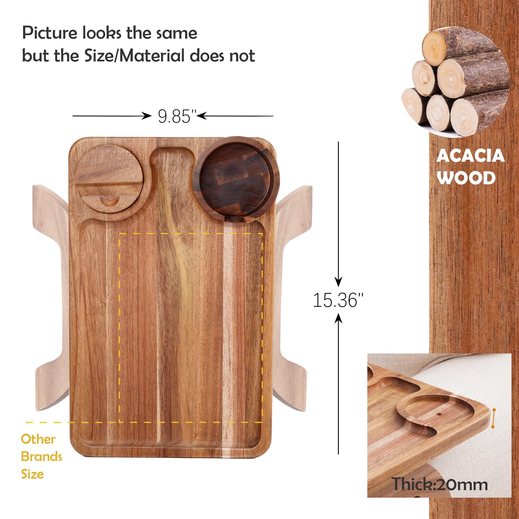 Nnewvante Couch Cup Holder Tray, 3 in 1 Large 15.36"x9.85" Acacia Wood Sofa Arm Clip on Tray Table with 360°Rotated Phone Holder on Armrest - Image 6