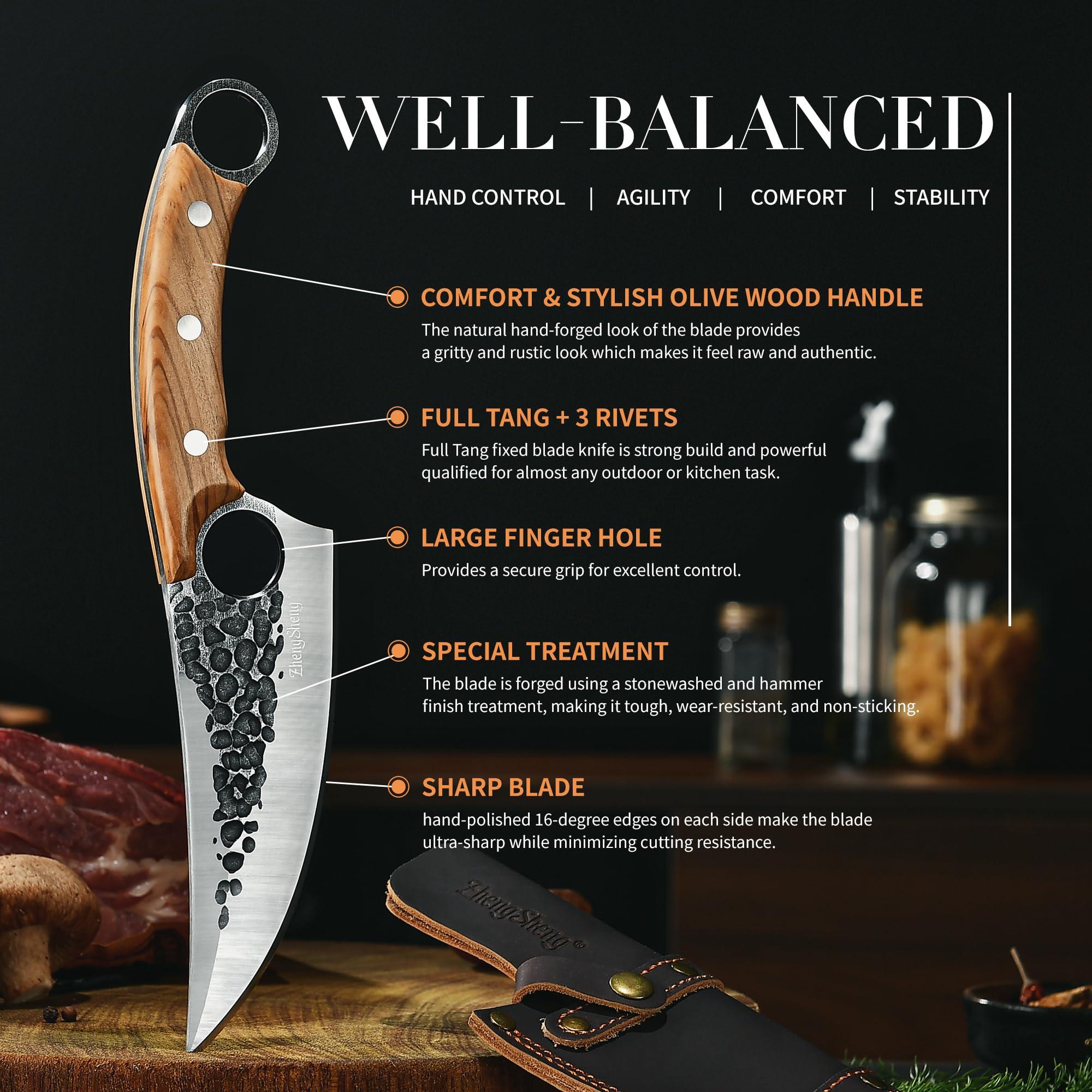 ZhengSheng 6.0” Chef Knife, Great Kitchen Knife with Leather Sheath Olive Handle Forged Viking Cleaver Knive Japanese Style knives for Home Cooking, Camping, BBQ - Image 6