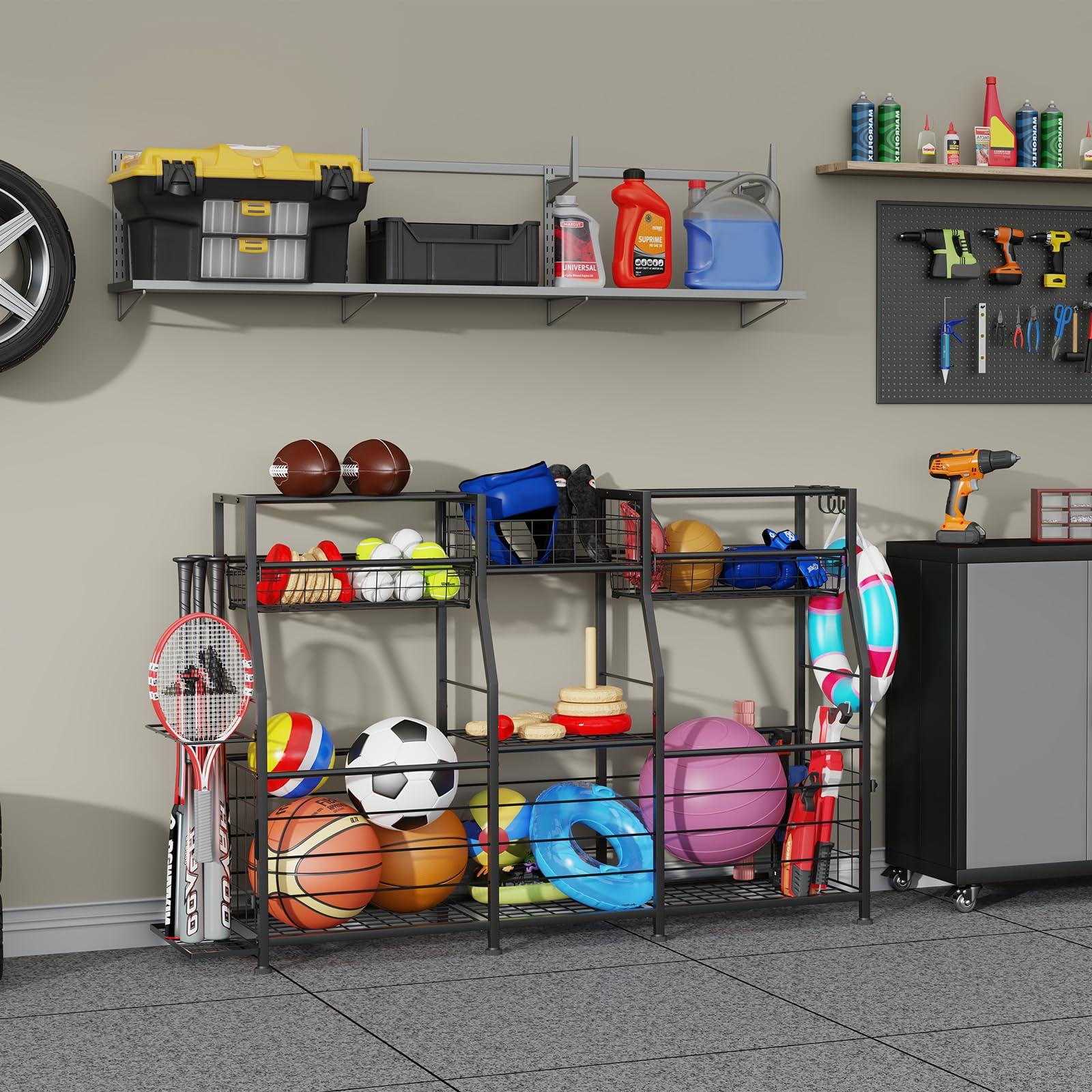 LUMAMU Small Garage Sports Equipment Organizer, Garage Ball Storage Rack, Garage Organizer System, Indoor/Outdoor Shelf Rack for Sports Gear - Image 7