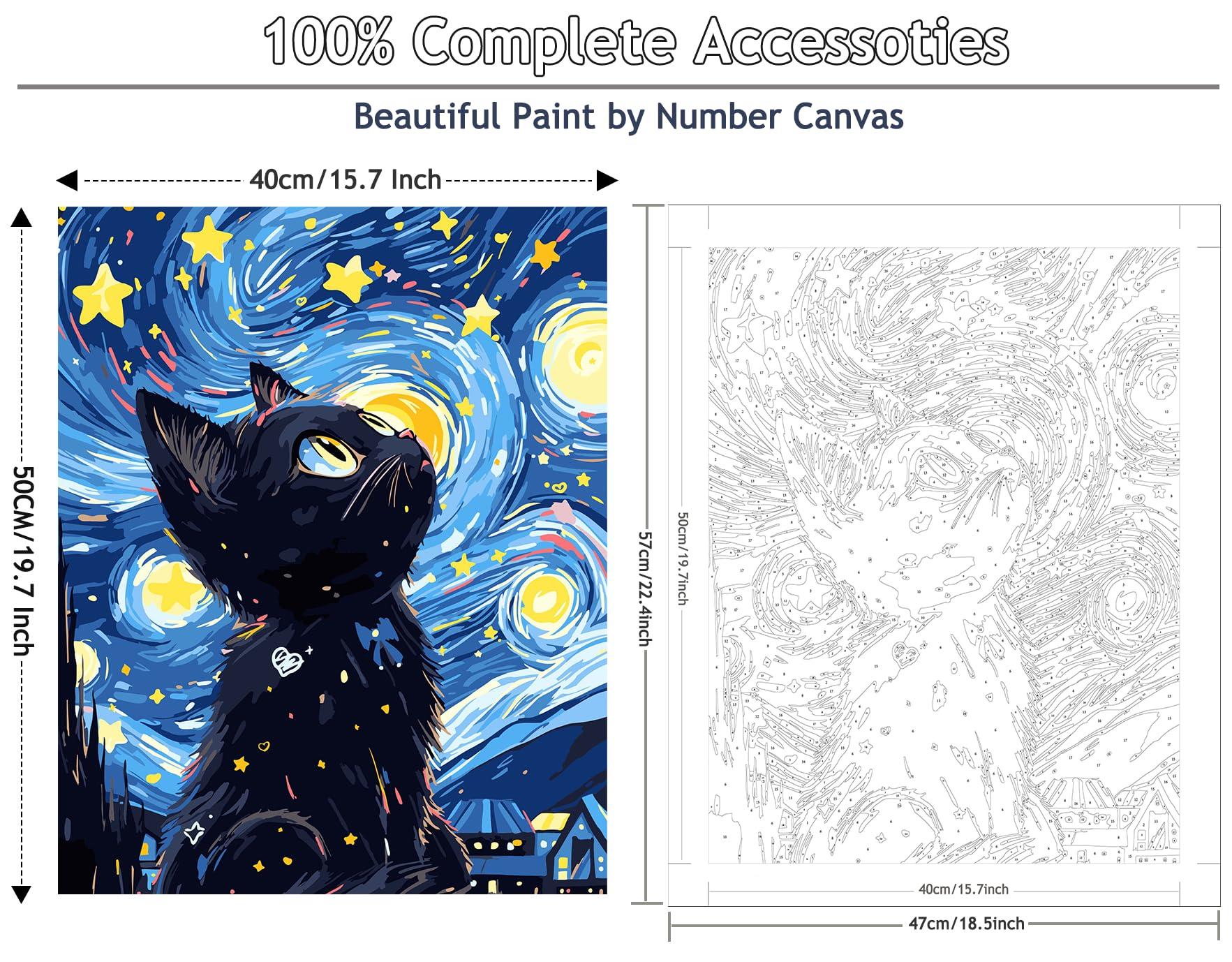 Yunnuo Paint by Numbers for Adults Black Cat, Paint by Numbers Kit on Canvas for Beginners, Starry Night Number Painting Set Craft Supplies, 3 Paintbrushes and Acrylic Paint 16x20 Inch - Image 2