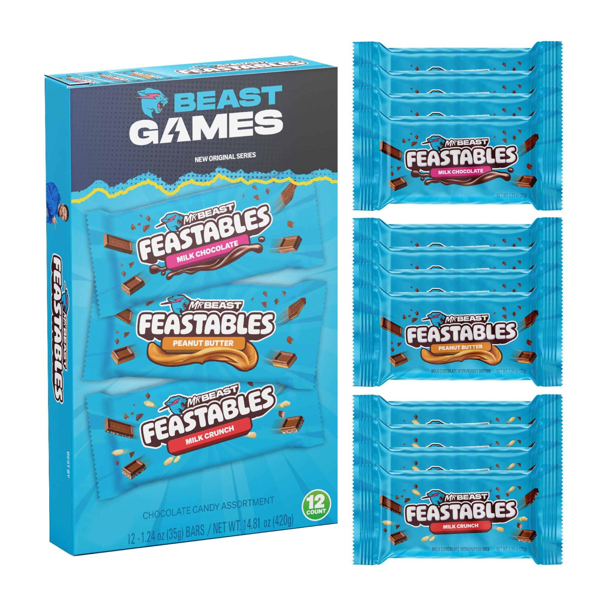 Feastables Beast Games Chocolate Bar Box, Milk Chocolate, Crunch, and Peanut Butter, 1.24 oz (35g), 12 count