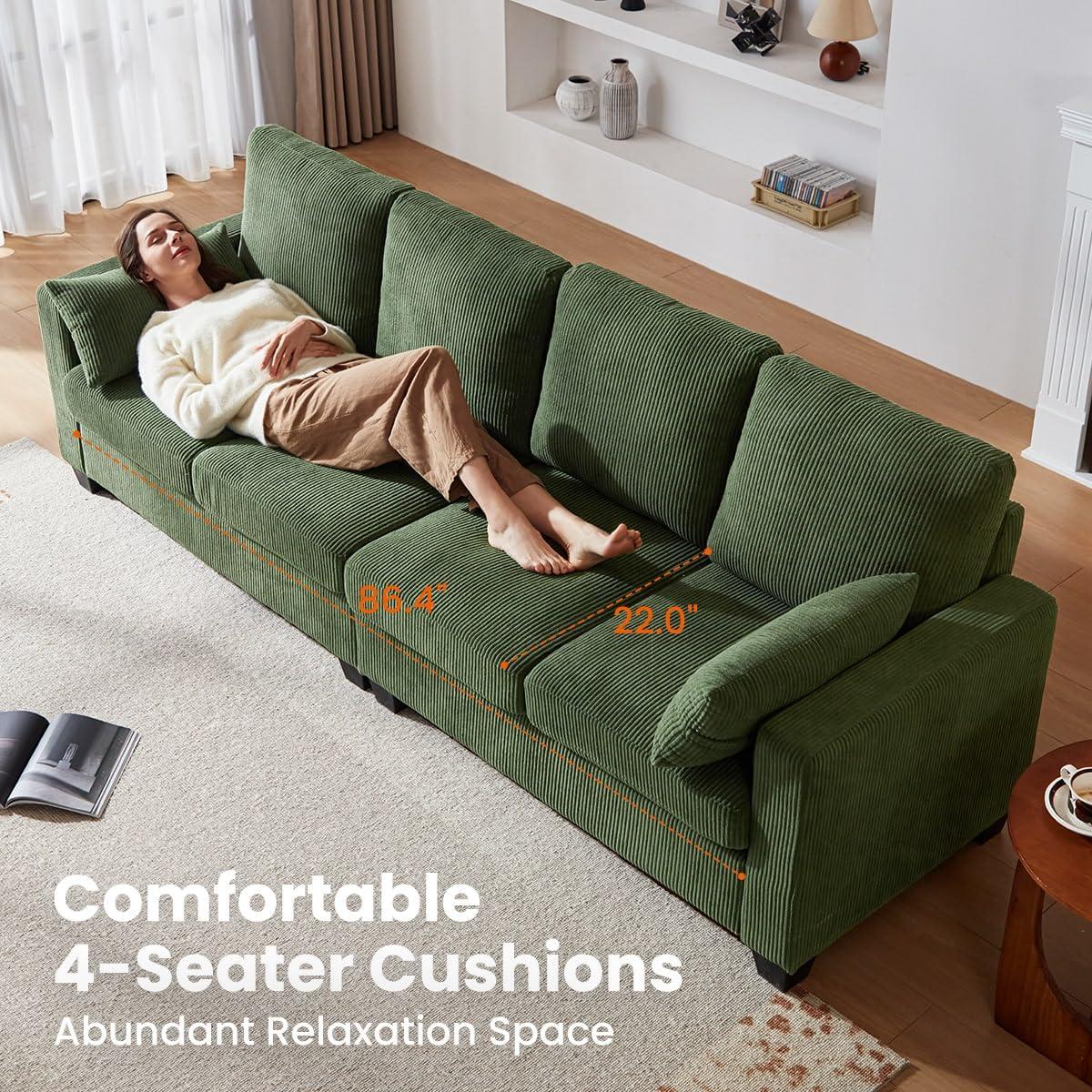 CHIC HOUSE Corduroy Modular Sectional Couch with Ottoman Chaise, L/U Shaped Sleeper Sofa for Living Room, Apartment, Lounge, Modern Armrest Neck Support Furniture (5 Seater Sectional, Green) - Image 2