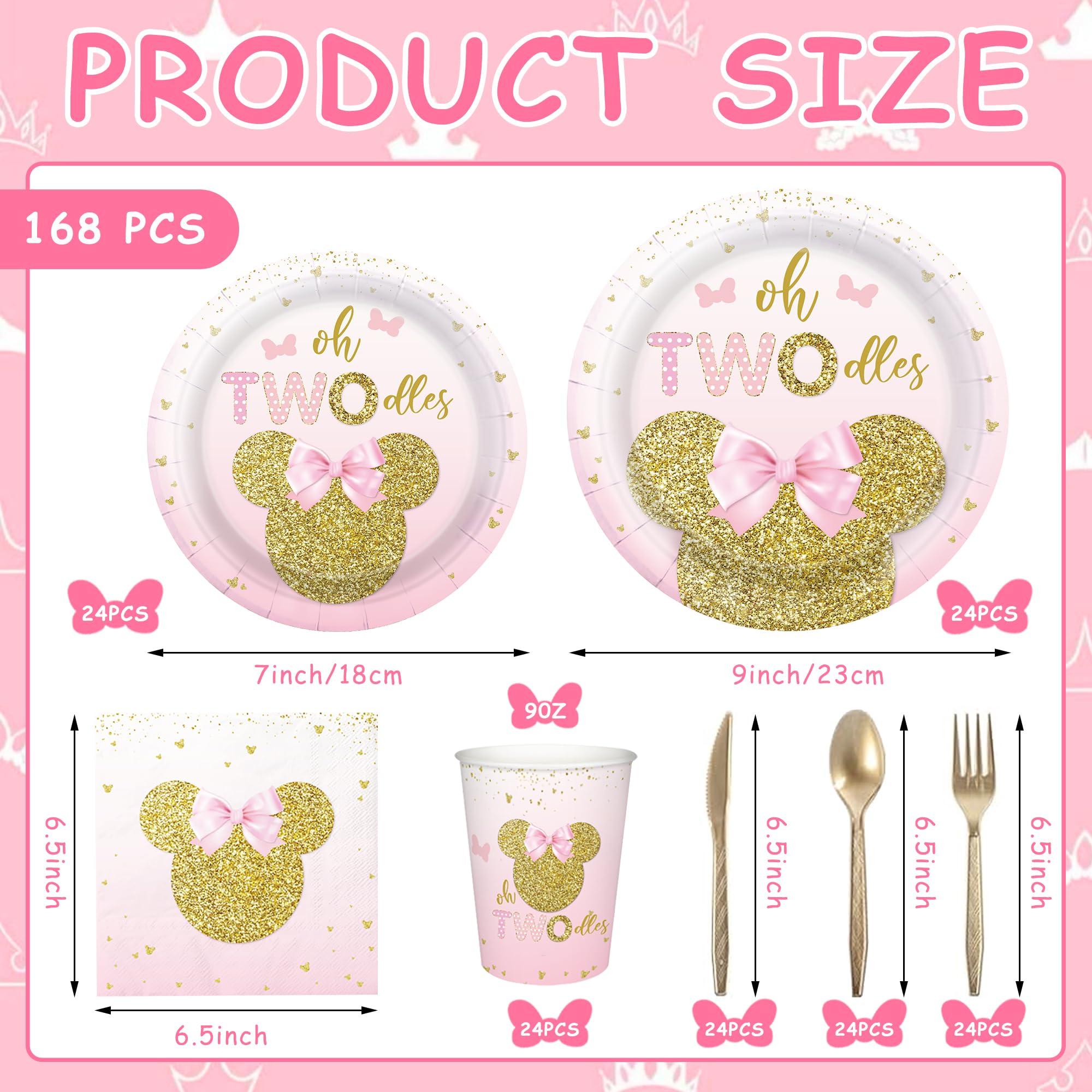 168pcs Oh Twodles Birthday Decorations Girls 2nd Plates Napkins Pink Mouse Party Supplies Two Years Old Paper Tableware Set Disposable Birthday Party Dinnerware Kids Serve 24 Guests - Image 3