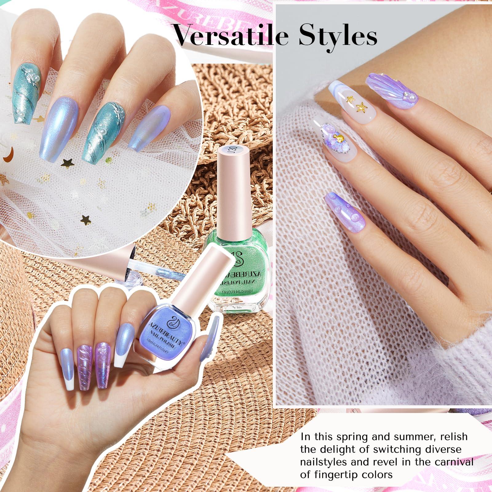 AZUREBEAUTY Nail Polish Set, 4 Colors Chameleon Green Glitter Purple Blue Holographic Spring Quick Dry Natural Fingernail Lacquer Strengthening Aurora Shimmer Kit with Top Coat DIY Salon at Home - Image 3