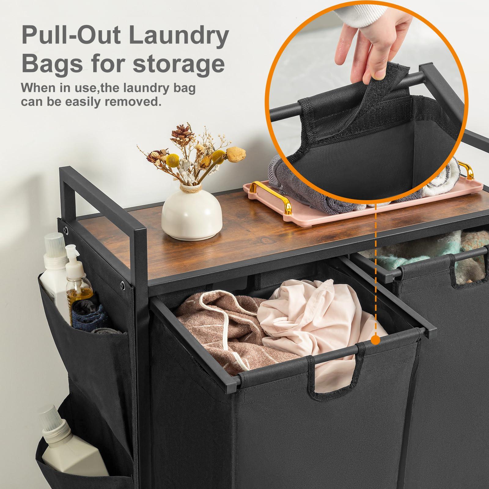 WOWLIVE Double Laundry Hamper with Lid,Rolling Laundry Basket Organizer with Wheels, Iron-Made Laundry Sorter with Top Shelf and 2 Removable Bags,Large Clothes Storage for Room,Black 1 - Image 5