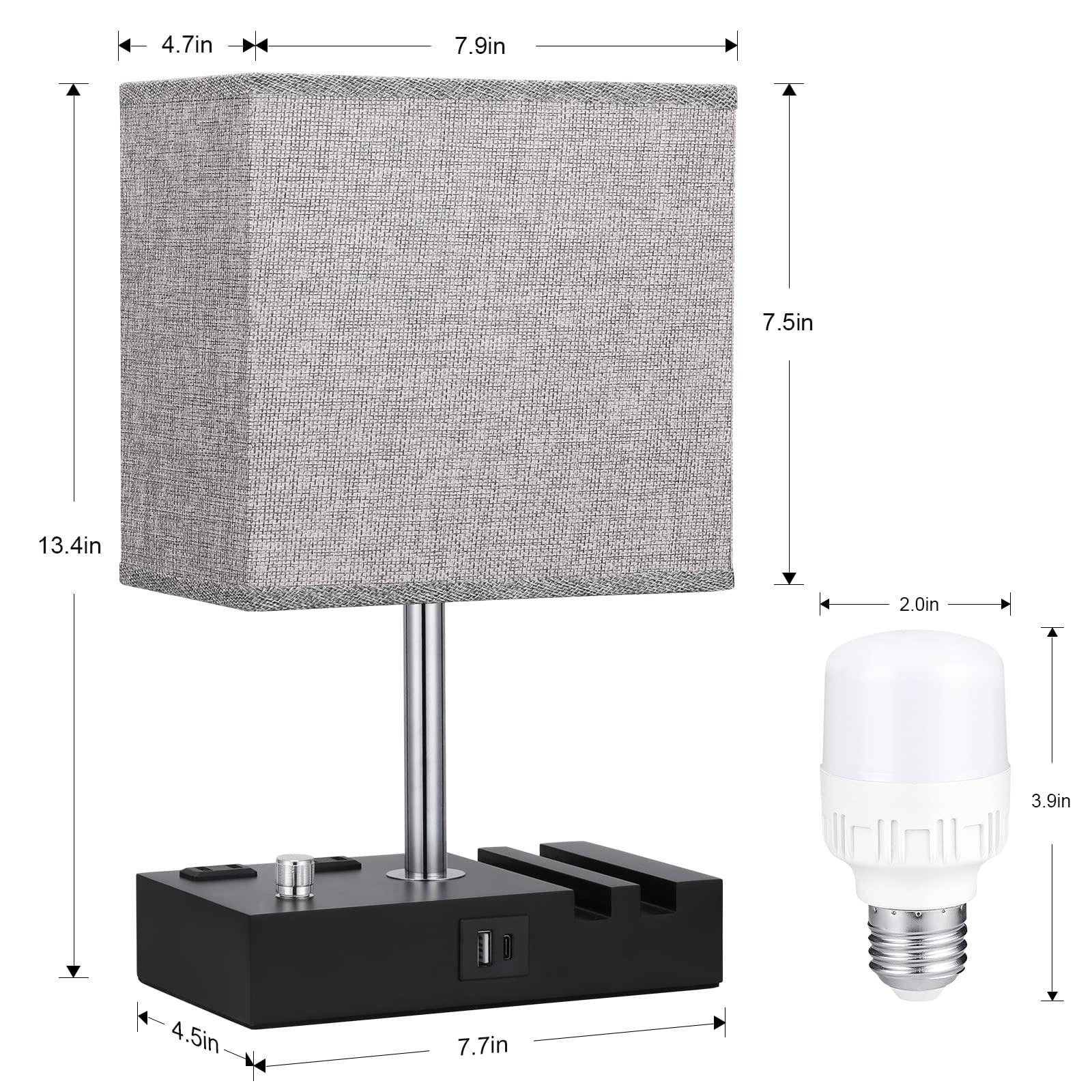 Kakanuo Fully Dimmable Nightstand Lamp for Bedroom with USB C Ports, Grey Small Bedside Table Lamp with Charging Outlets and Phone Stands, Wooden Desk Lamp for Living Room, LED Bulb Included - Image 7