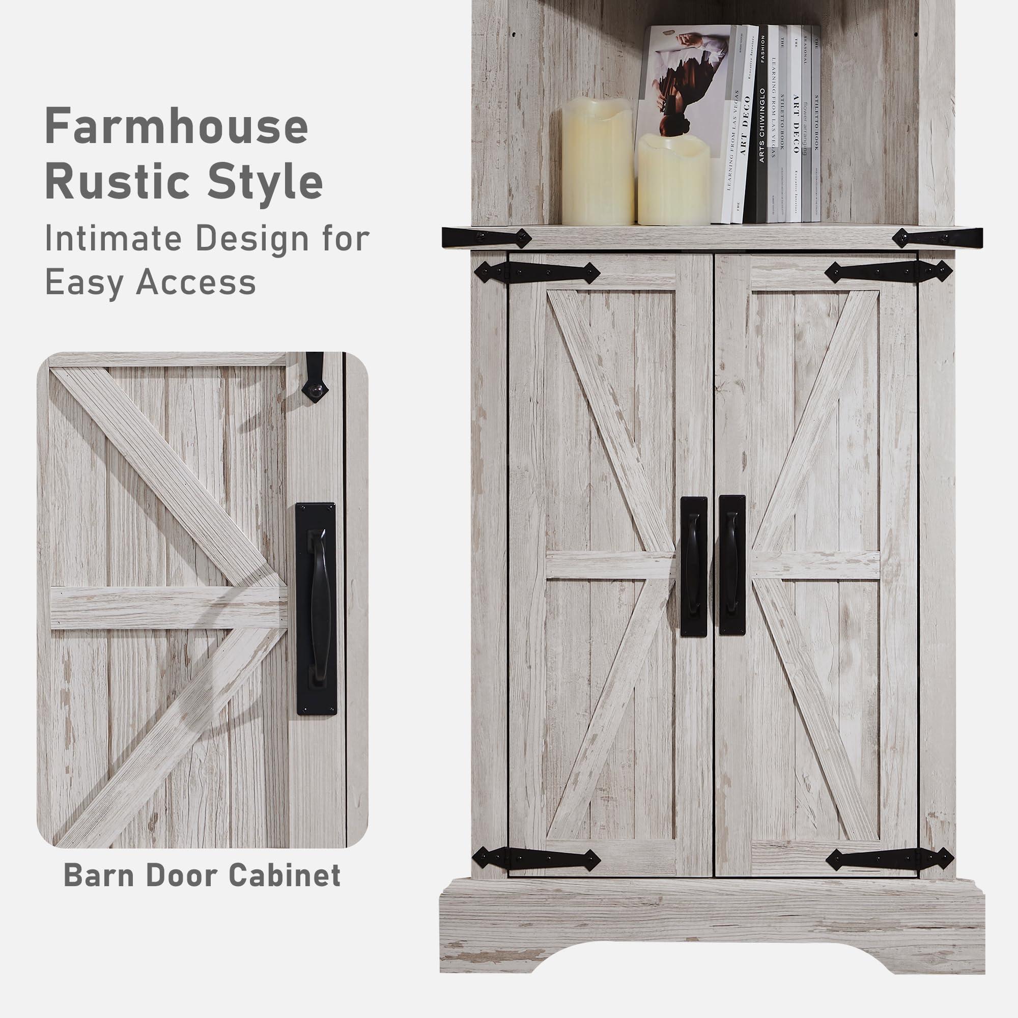 OKD Tall Corner Cabinet, Farmhouse Storage Cabinet with Barn Door Design & Adjustable Shelves, Home Space Saver for Bathroom, Living Room, Antique Brush White - Image 4