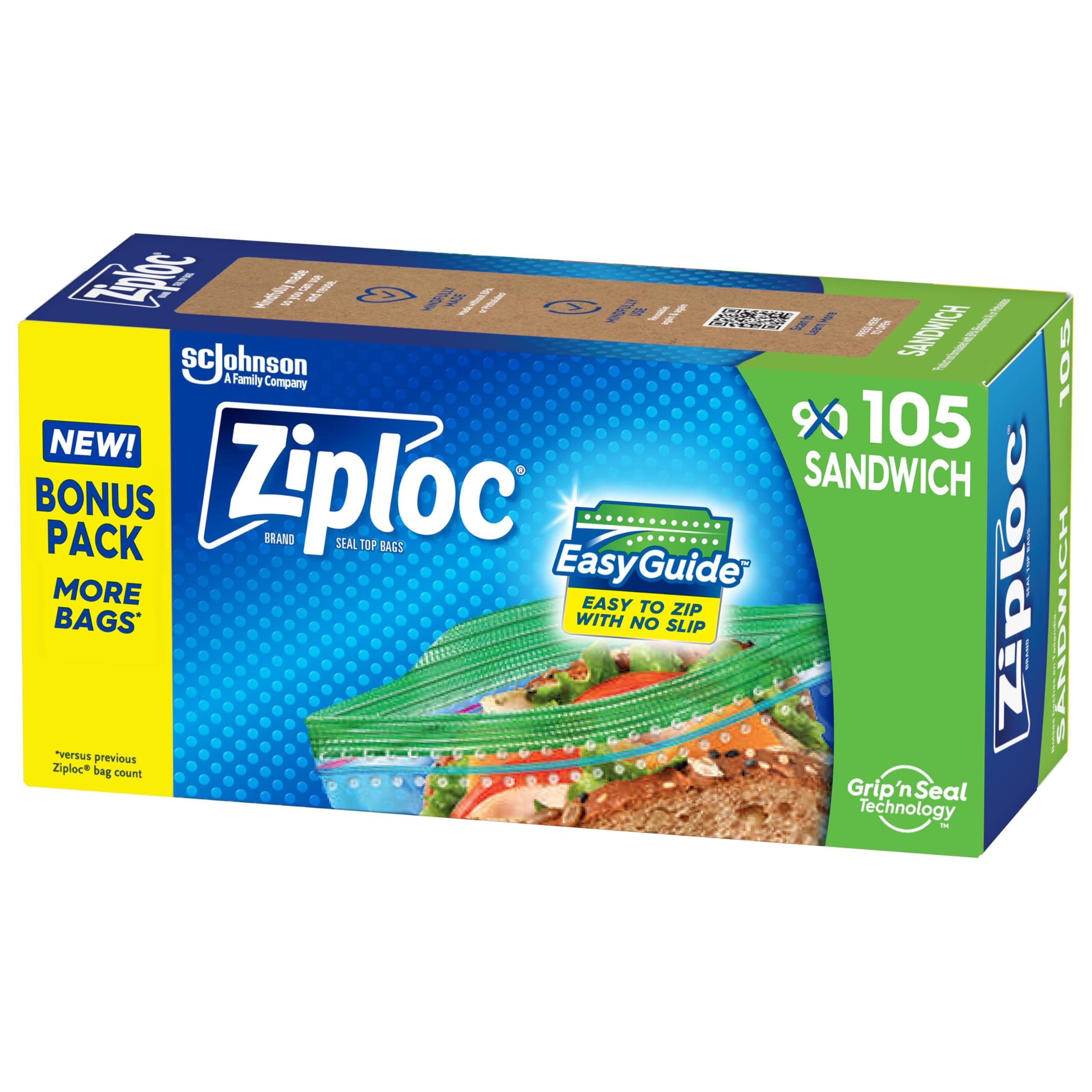 Ziploc Sandwich and Snack Bags with EasyGuide Texture, Plastic Storage Bags with Grip 'n Seal Technology, 105 Bags Total
