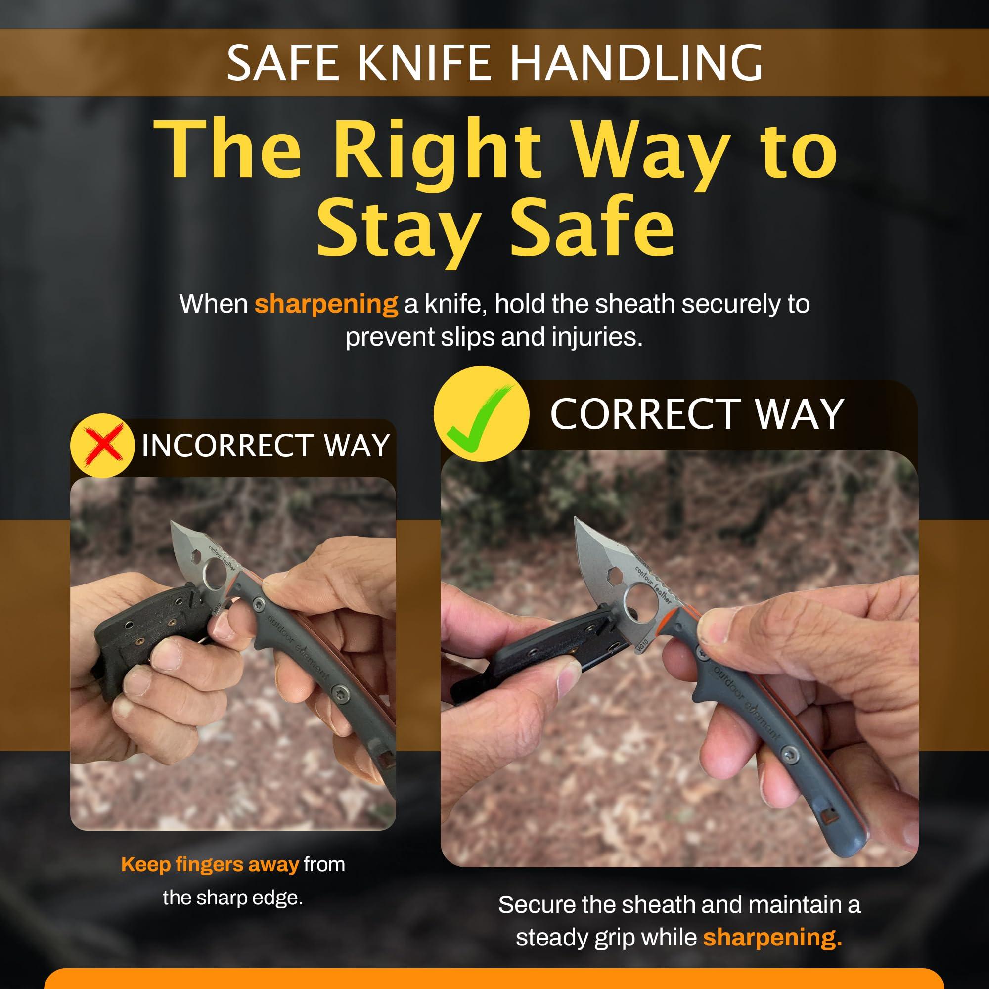 OUTDOOR ELEMENT Contour Feather Adventure Survival Knife - Fixed Blade, Hunting, Camping Knife with Fire Starter, Sharpener, Whistle, Hex Driver, Sheath - Full Tang, VG10 Steel, Belt Clip - Image 9