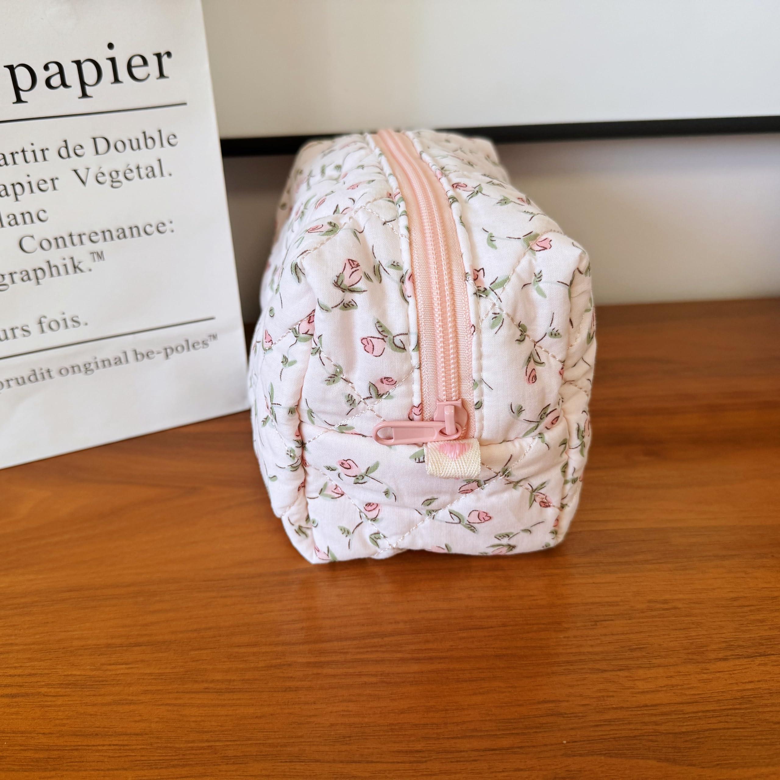 ZUNUONUO Cotton Quilted Makeup Bag Coquette Accessories Make up Bag Organizer Cute Floral Cosmetic Pouch Travel Makeup Bag for Women Rose - Image 3