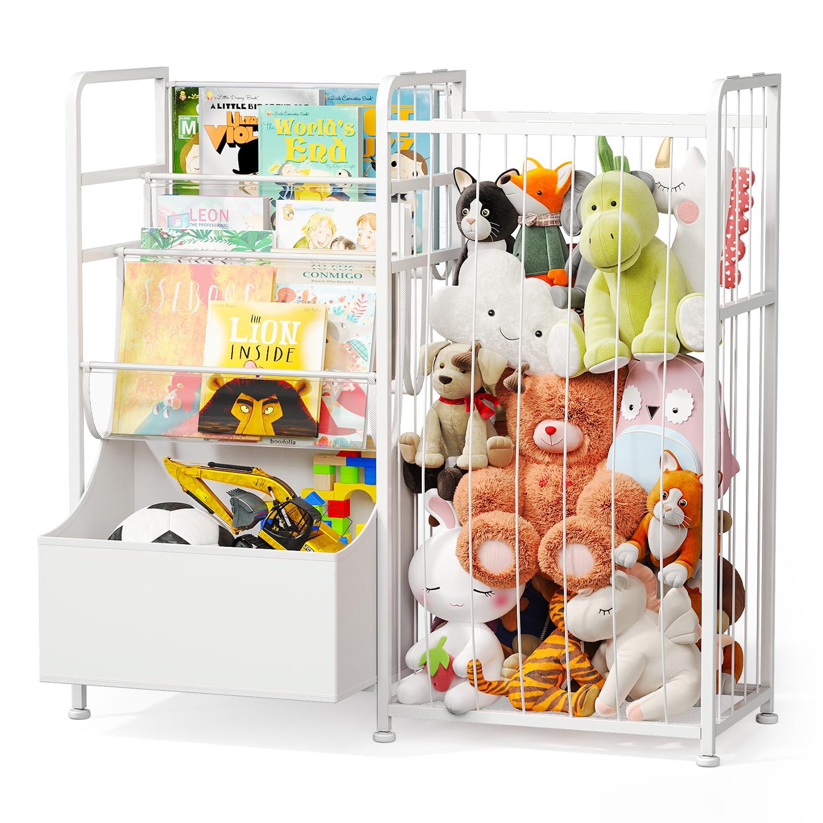 BBLIKE Kids Bookshelf and Stuffed Animal Storage - Multi-Function Nursery Book Shelves with Leather Toy Box and PVC Book Display, Toy Organizer for Playroom, Bedroom, Nursery, White