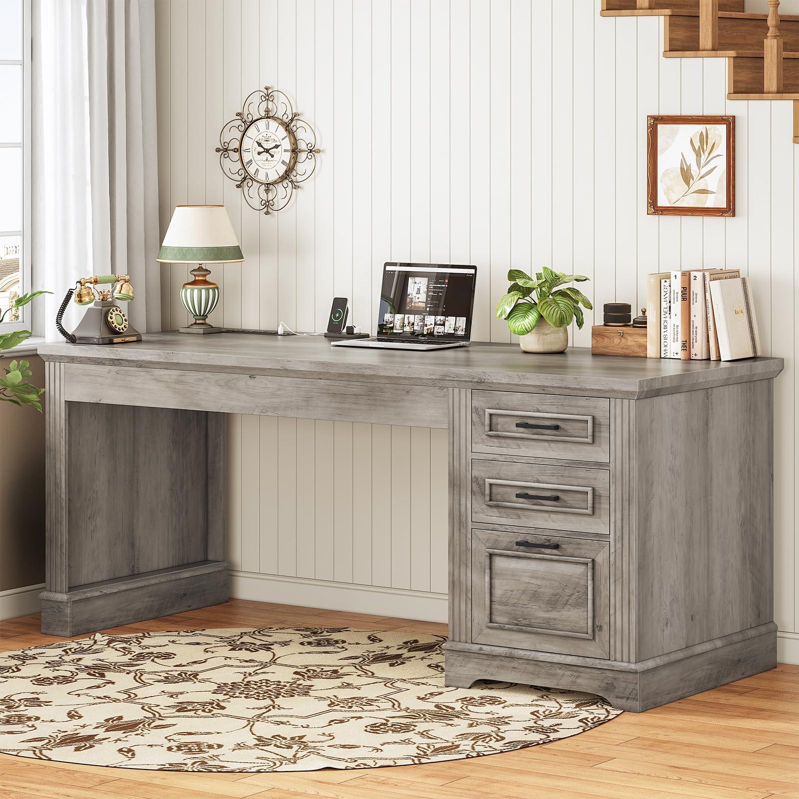 SEDETA Executive Office Desk with 3 Drawers, Farmhouse 55" Computer Desk with Storage File Drawers & Power Outlet for Home Office, Grey - Image 3