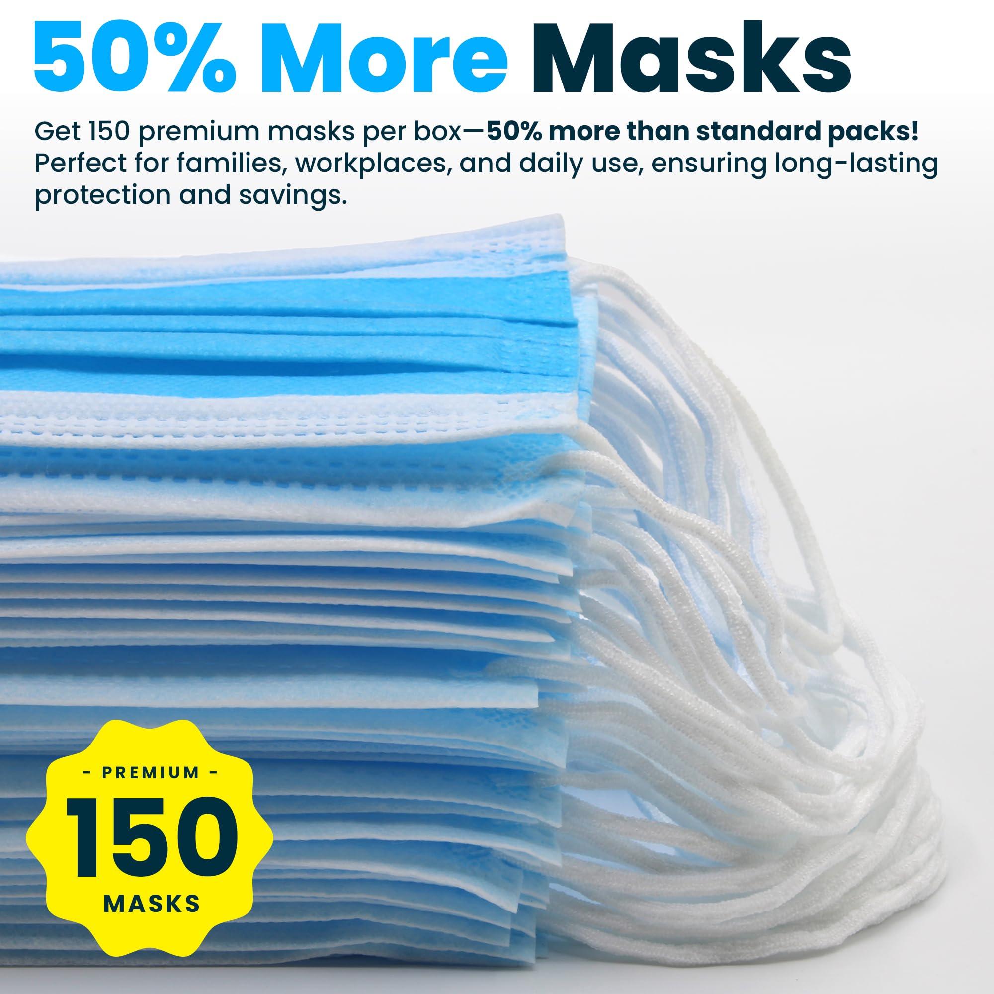 PURE GEM [Pack of 150] Single Use Disposable Blue Face Mask, Soft on Skin, 3-ply Masks Facial Cover with Elastic Earloops Great For Home, Office, School, and Outdoors - Image 5