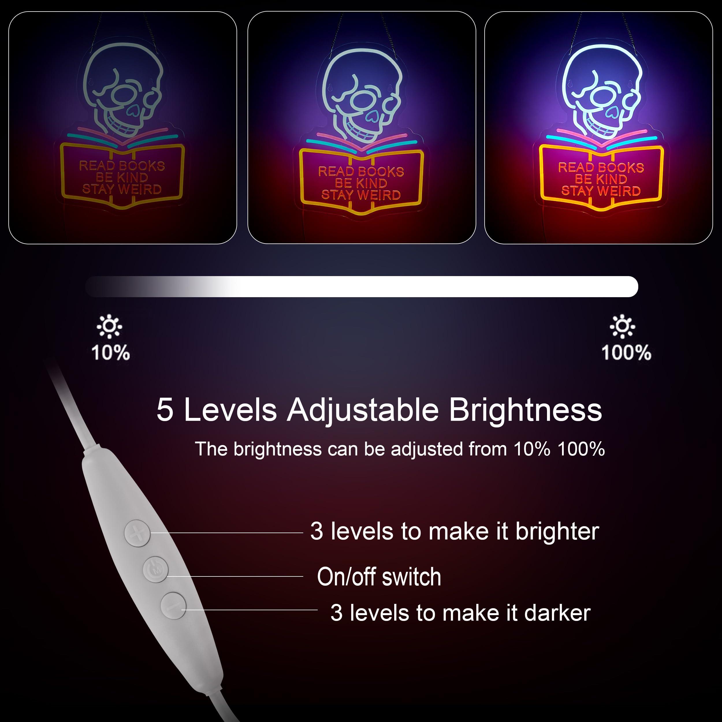 Read Books Be Kind Stay Weird Neon Sign for Wall Décor Dimmable LED Skull Neon Light USB Powered Neon Art Signs Decor - Image 3