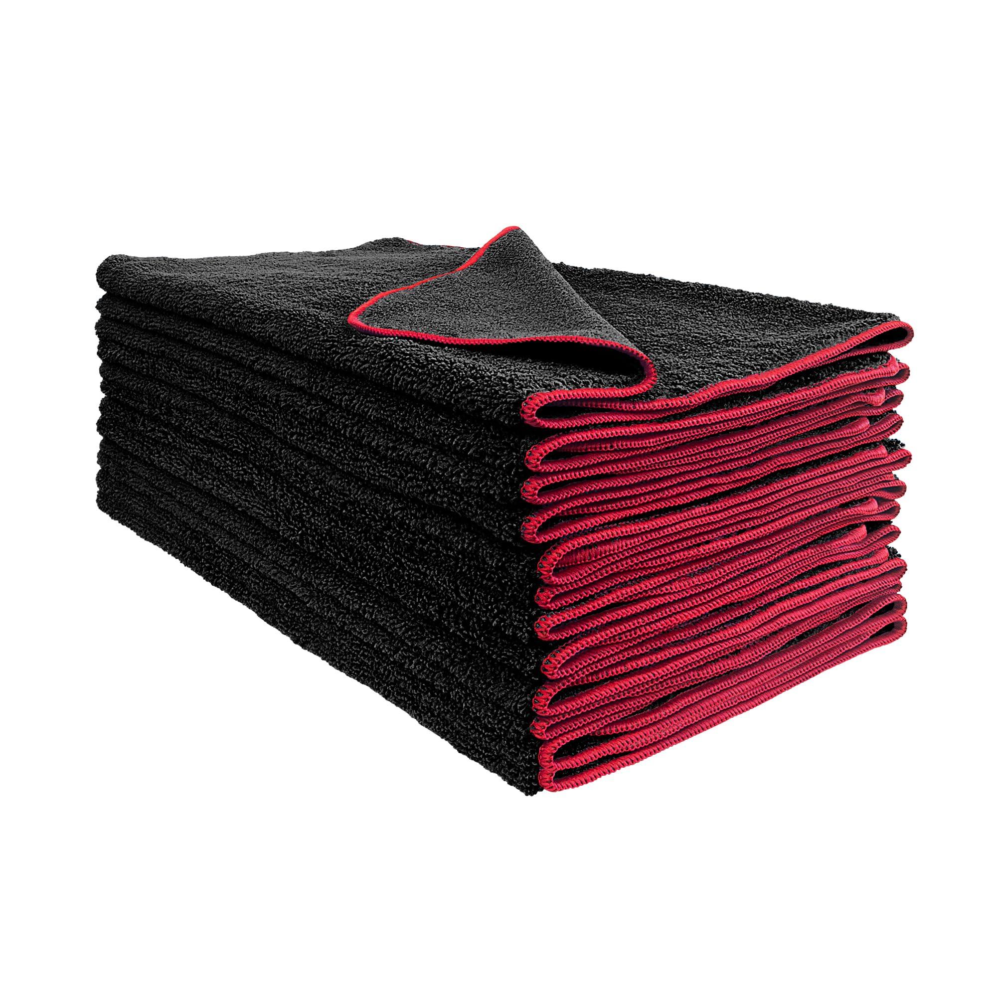 Detailer's Preference Dual Pile 380 GSM Microfiber Towels with Red Trim, All-Purpose Terry Weave Cleaning Cloths for Auto, Home, Boat, Scratch-Free & Reusable, 16x24 Inches, 12-Pack, Black