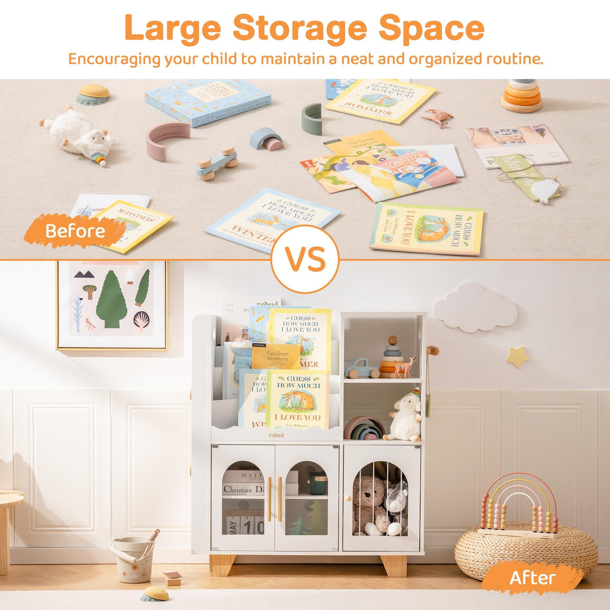 ROBUD Toy Storage Organizer, All-in-One Toy Organizers and Storage, Kids Wooden Bookshelf with 6 Storage compartments, Toy Chest Shelf Organizer for Playroom Bedroom, White - Image 5