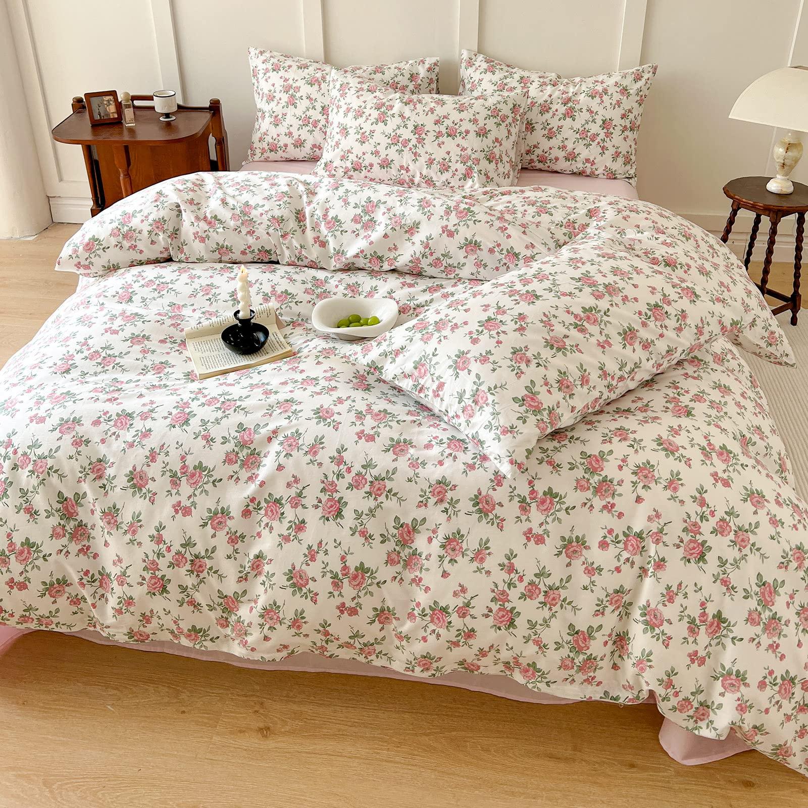 Pink Floral Duvet Cover Queen Soft Cotton Girls Cottagecore Bedding Set Botanical Peach Flower Comforter Cover with Zipper Closure Vintage Country Bedding Aesthetic Duvet Cover with 2 Pillowcases - Image 5