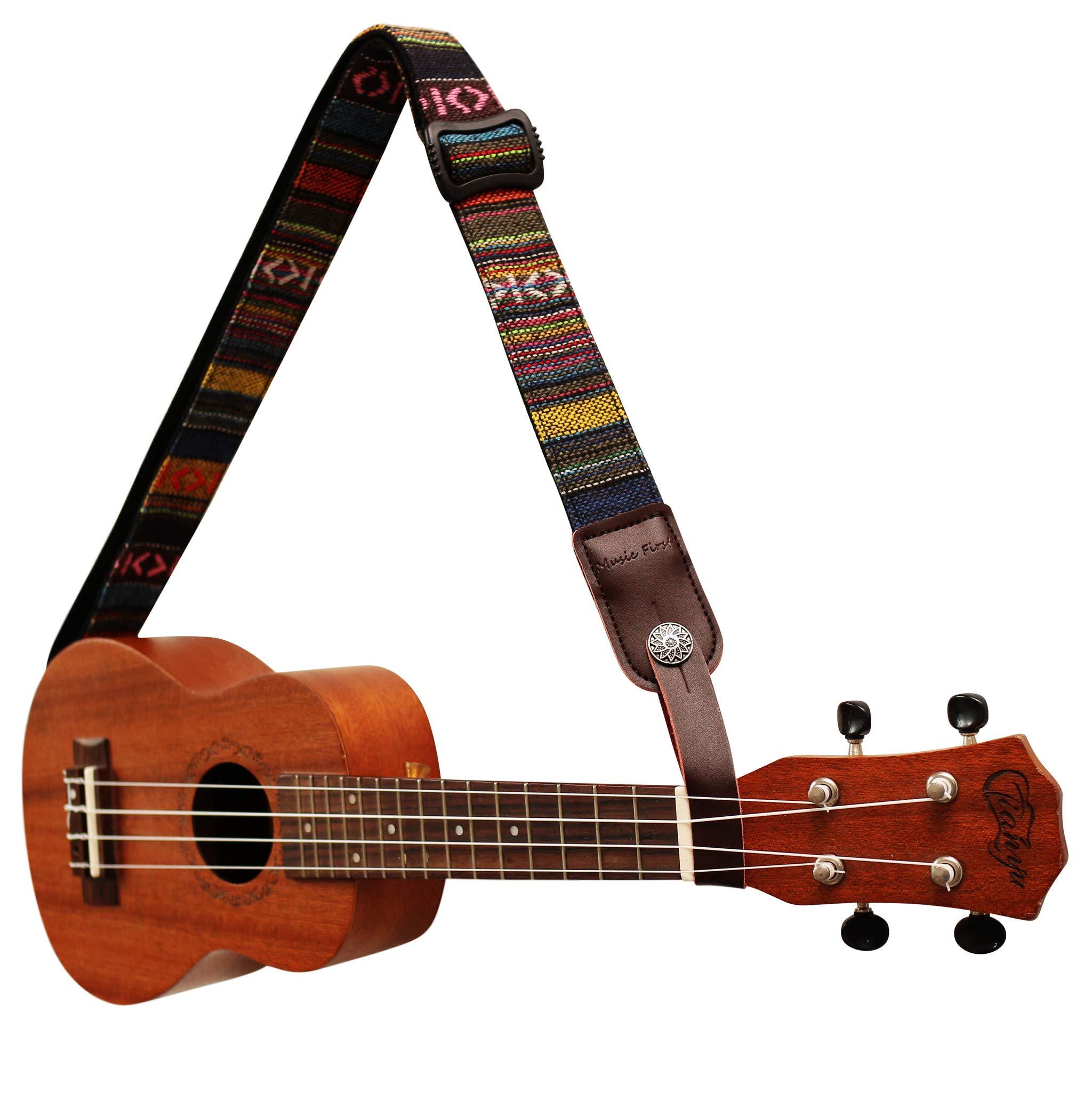 MUSIC FIRST Classic Country Style Soft Yarn-dyed Fabric & Genuine Leather Ukulele Strap Version 2.0 With Genuine Leather Strap Locker - Image 2
