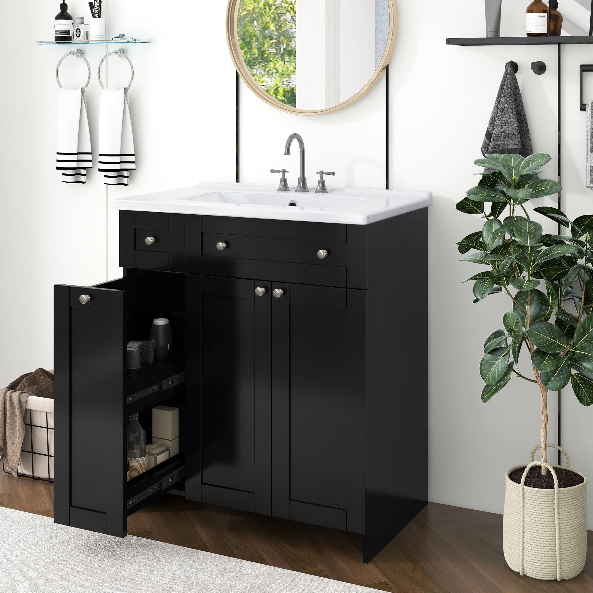 30" Bathroom Vanity with Sink, Modern 30 Inch Vanity with Top for Bathroom, Bathroom Vanity and Sink Combo with Storage Cabinet and Double-Tier Deep Drawer, No Mirro (Black)