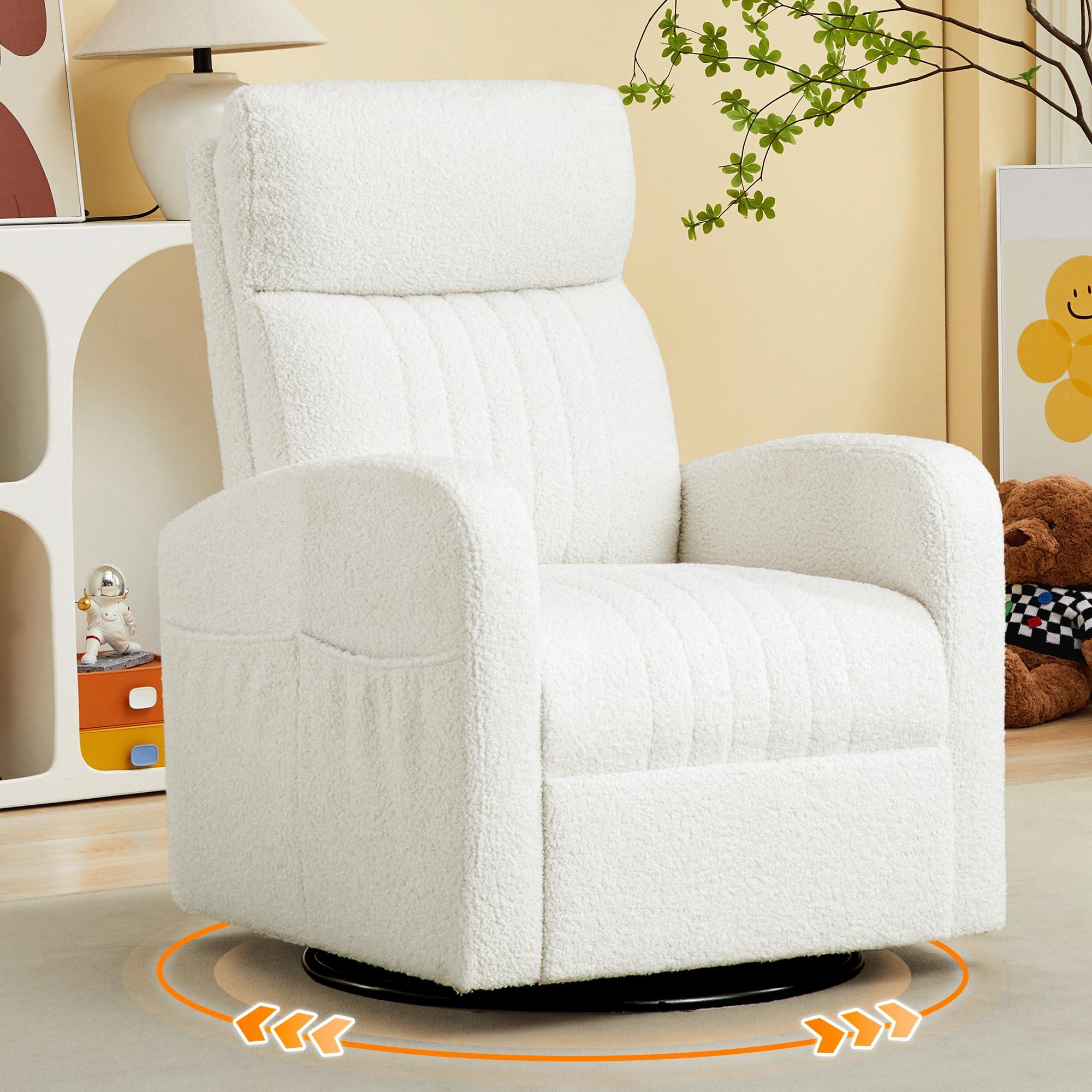 AEMEIOS Swivel Glider Rocking Chair, Boucle Swivel Rocker Chair for Nursery, Morden Gliding Nursing Chairs with High Back for Living Room, Bedroom,Teddy White
