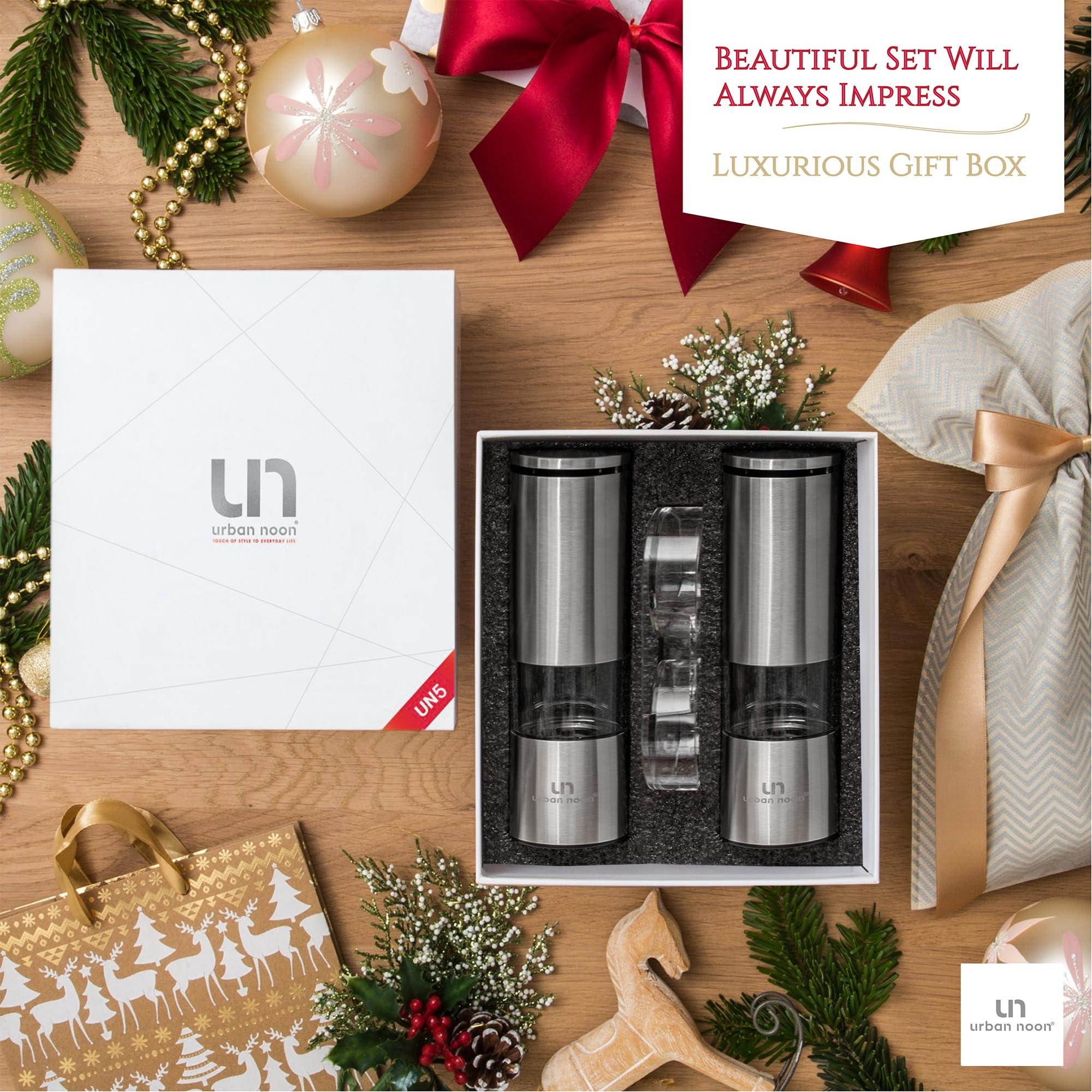 Salt and Pepper Grinder Set - Stainless Steel Pepper Grinder and Salt Grinder with Tray in Luxurious Gift-Box - Manual Mills with Ceramic Grinders and Adjustable Coarseness (Set of 2 plus Tray) - Image 4