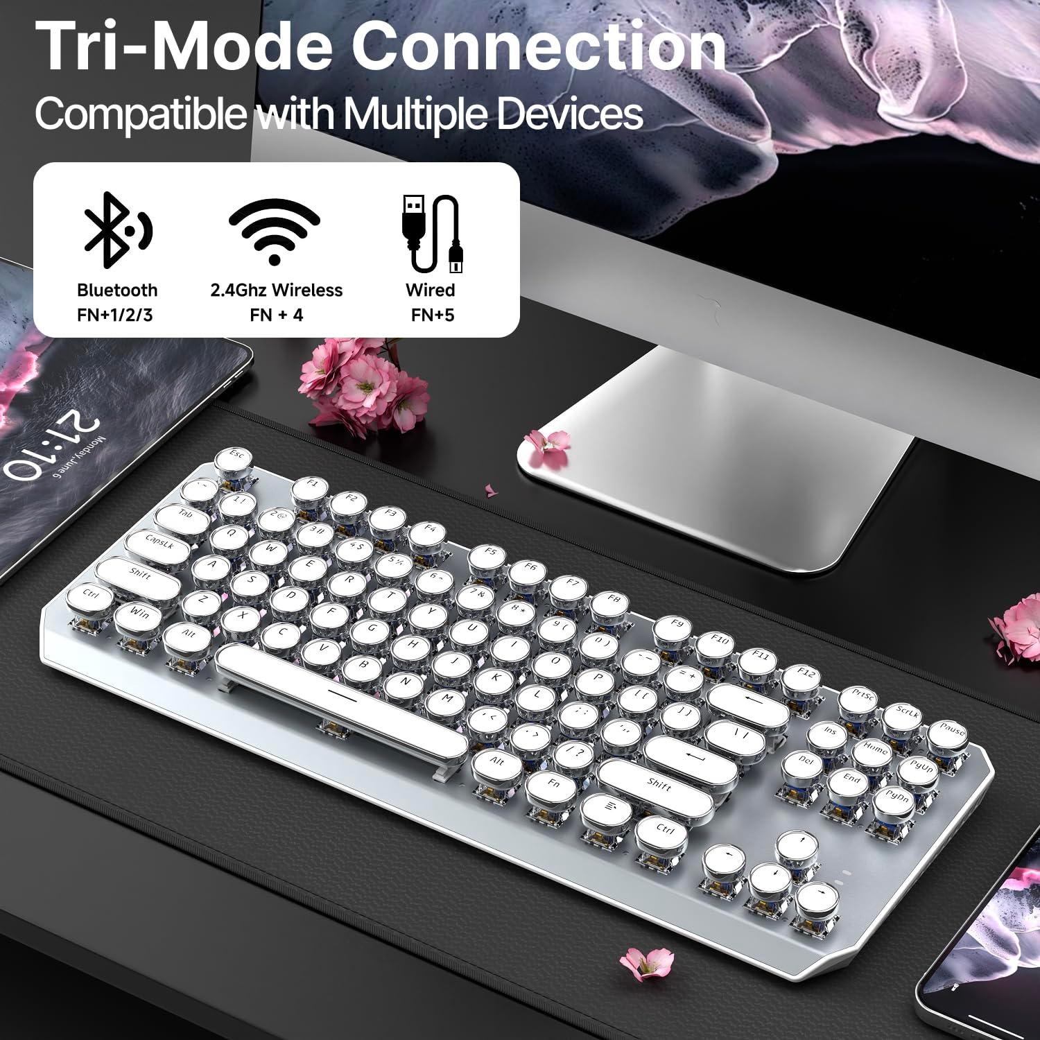 SEUNKWANG EWEADN TK940 Wireless Mechanical Typewriter Keyboard,80% Layout with White Backlit, Anti-Ghosting, Blue Switch Bluetooth/2.4GHz/USB-C Aesthetic Keyboard-White - Image 3
