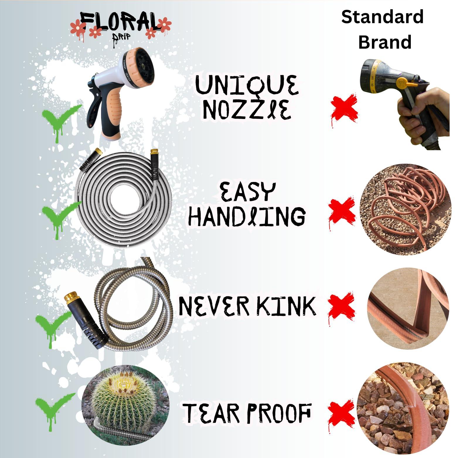 Floral Drip Garden Hose 75 ft- Flexible Light Weight Metal Water Hose (8.25 lbs). Non Expandable, No Kink, Pet and Rust Proof Hose. For Outdoor Use. Manguera Para Jardin. BONUS 10-way Spray Nozzle - Image 7
