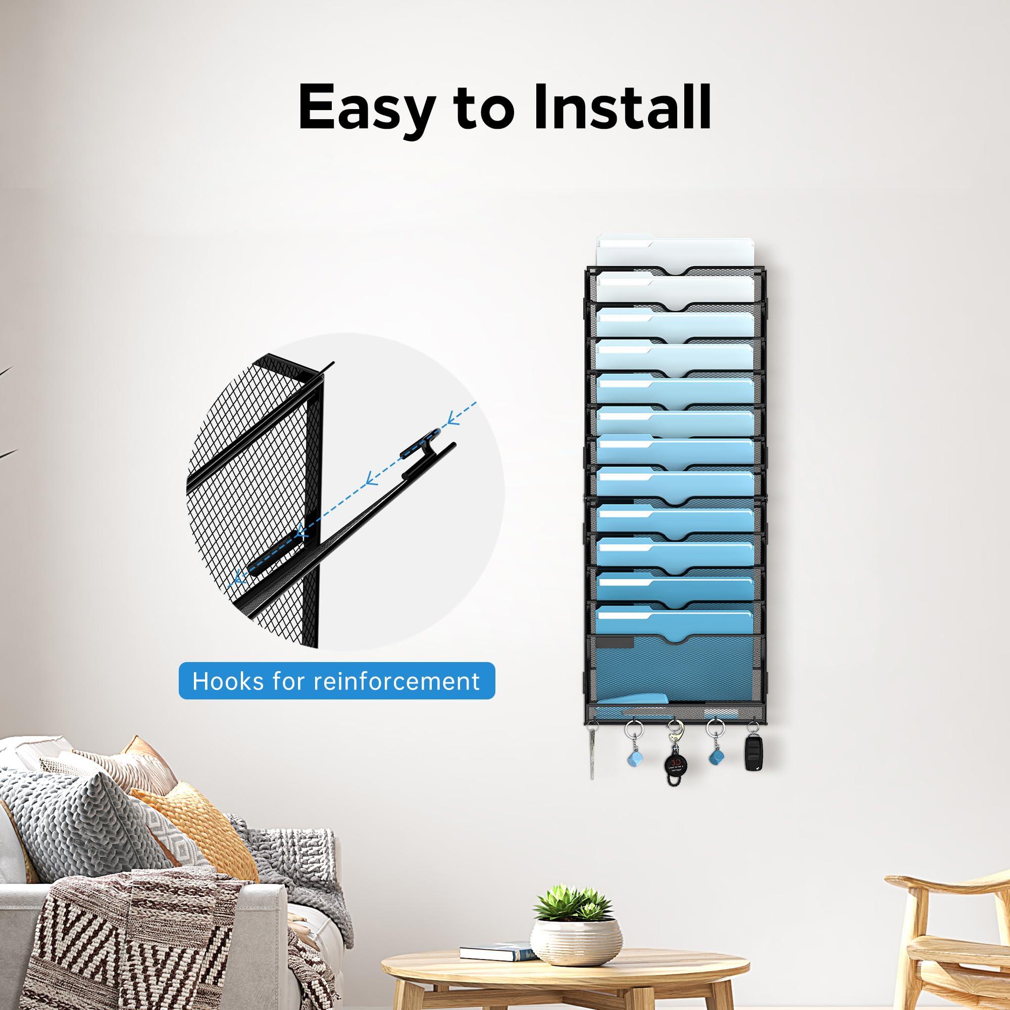SUPEASY 13-Tier Wall File Holder Organizer with Hooks, Mesh Hanging File Organizer, Mail Organizer Wall Mounted for Papers, Folders, Office Magazine Rack, Assembly Needed, Black 2 pack - Image 5