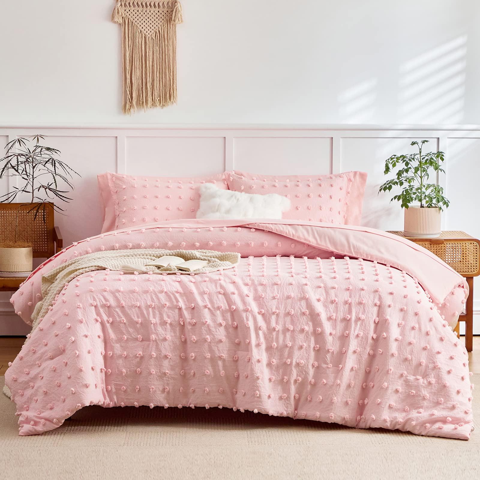 6 Pieces Tufted Dots Bed in a Bag Twin Comforter Set Girls Pink , Soft and Embroidery Shabby Chic Boho Bohemian Comforters, Luxury Solid Color with Pom Pom Design, Jacquard Tufts Bedding Set for Kids - Image 6