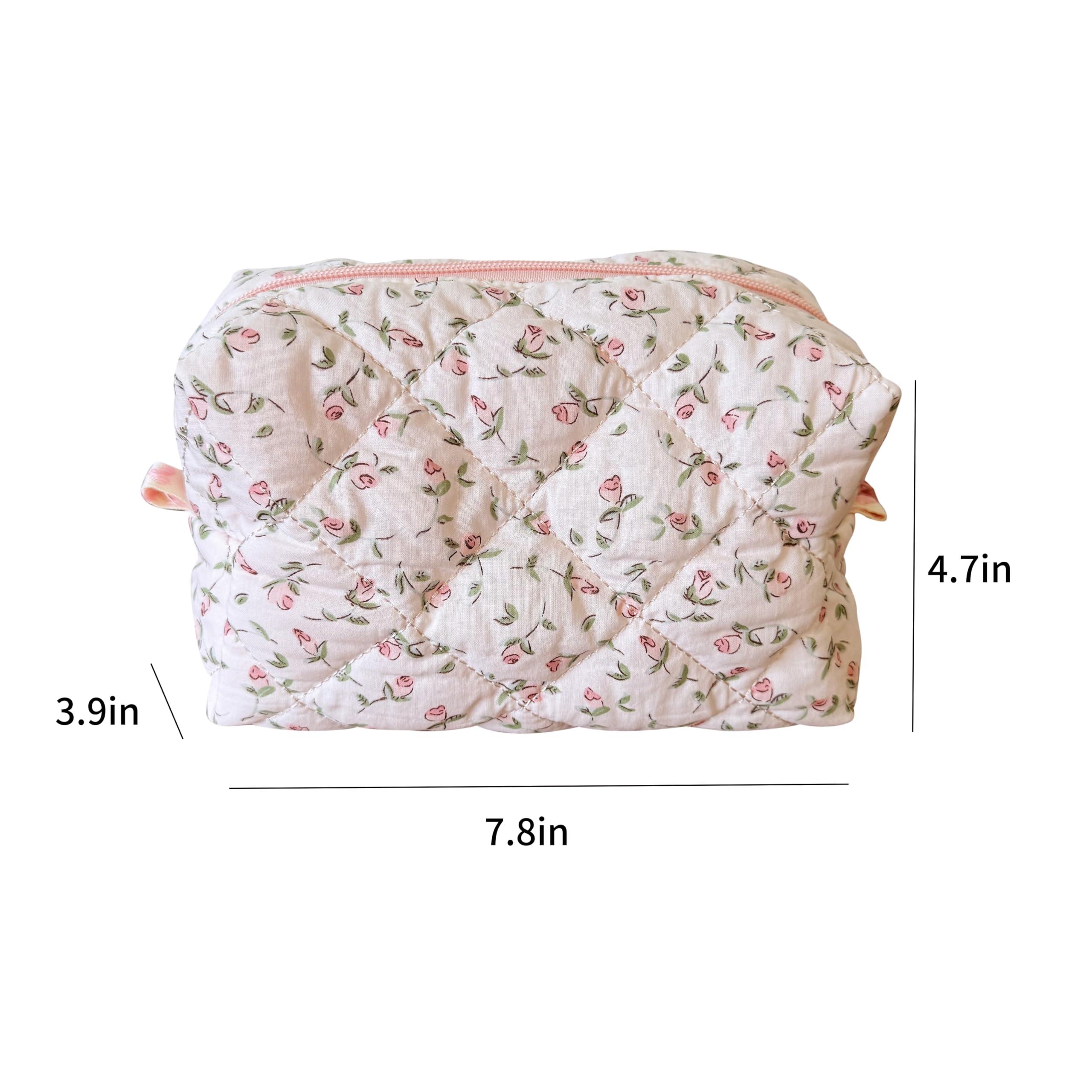 ZUNUONUO Cotton Quilted Makeup Bag Coquette Accessories Make up Bag Organizer Cute Floral Cosmetic Pouch Travel Makeup Bag for Women Rose - Image 6