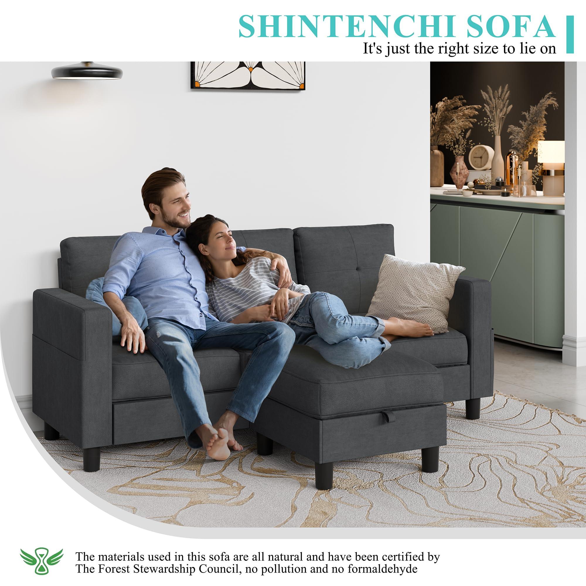 Shintenchi Convertible L-Shaped Sectional Sofa with Ottoman, 3-Seater Modern Linen Couch with Reversible Chaise and Armrest for Apartment, Office, Small Space - Image 3