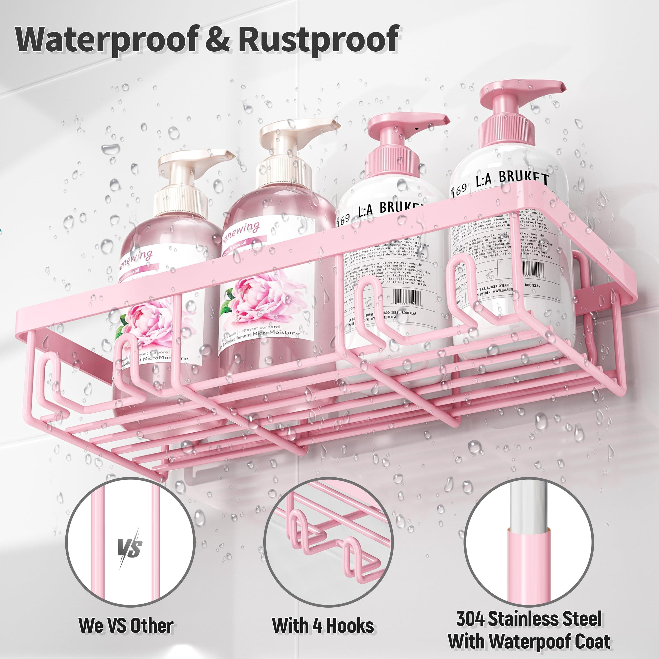 Liuoud 5 Pack Shower Caddy Organizer Rack Shelf for Inside Shower, Adhesive Bathroom Wall Storage Basket Rustproof Stainless Steel Shampoo Holder, Girly Bathroom Accessory Decor Set, Pink - Image 5