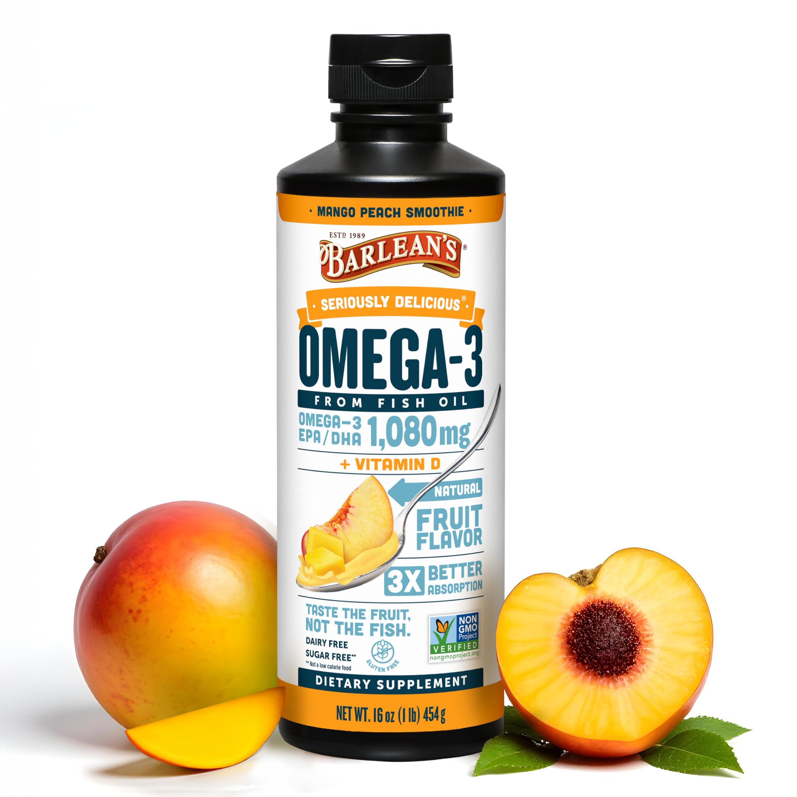 Barlean's Mango Peach Omega 3 Fish Oil Liquid Supplement with Vitamin D, 1080mg EPA & DHA Fatty Acid, Smoothie Flavored & Burpless for Brain, Joint, & Heart Health, 16 oz