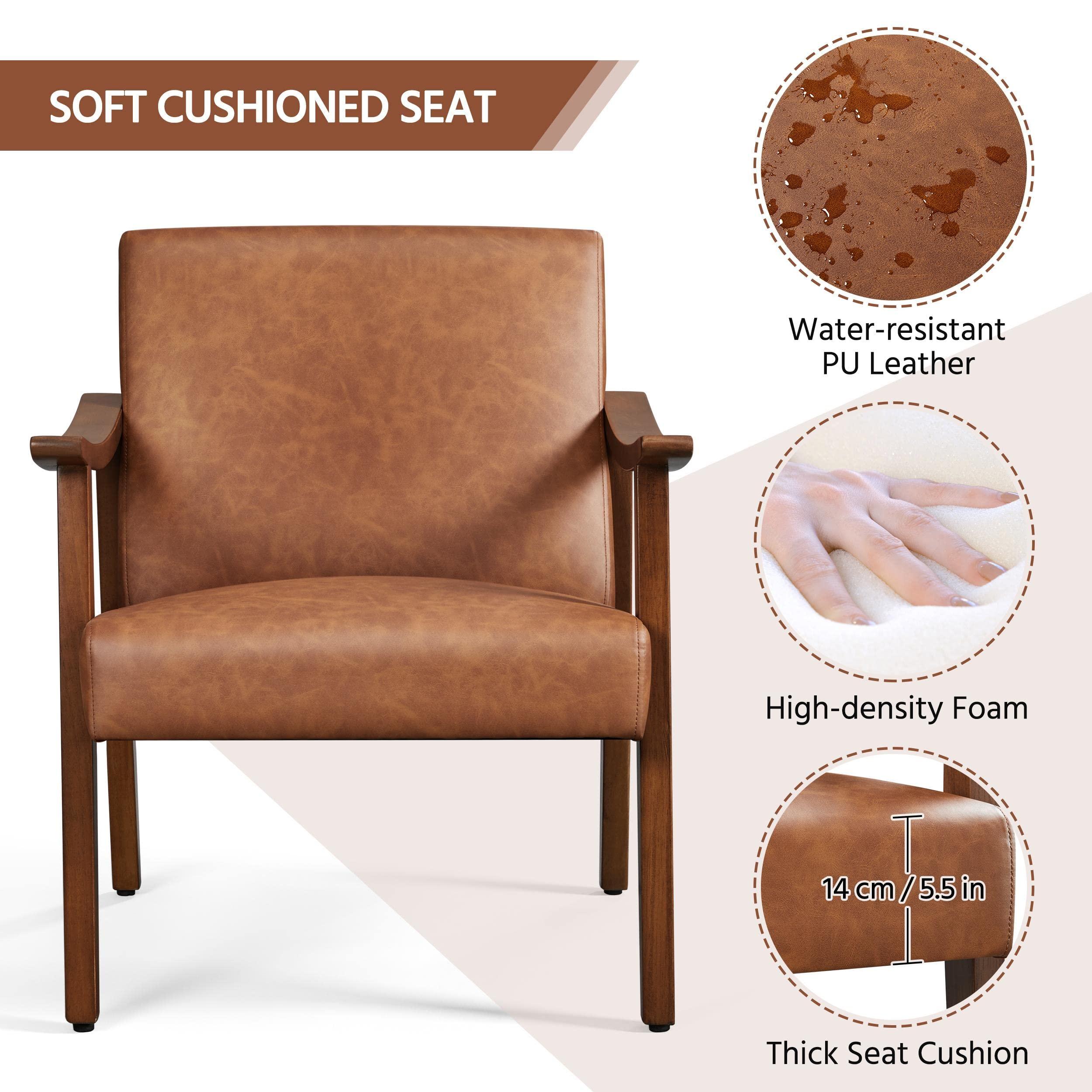 Yaheetech PU Leather Accent Chair, Mid-Century Modern Armchair with Solid Wood Legs, Reading Leisure Chair with High Back for Living Room Bedroom Waiting Room, Set of 2, Brown - Image 7