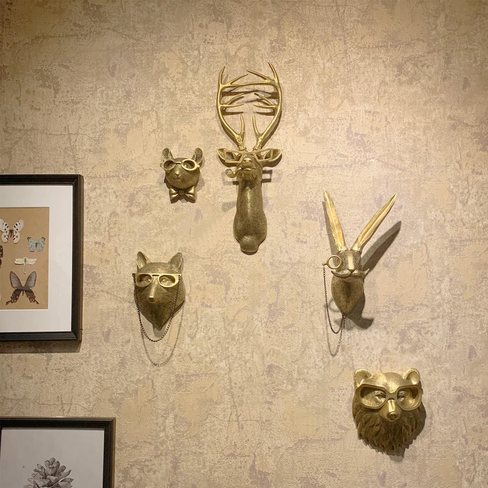 GUASDIE Animal Heads Wall Decor, Faux Deer Head Mount, Animal Sculptures Wall Decor, Resin Animal Head Wall Hanging Decoration for Living Room Bedroom Kitchen Gift,5pcs, 1587574779-65291236 - Image 7